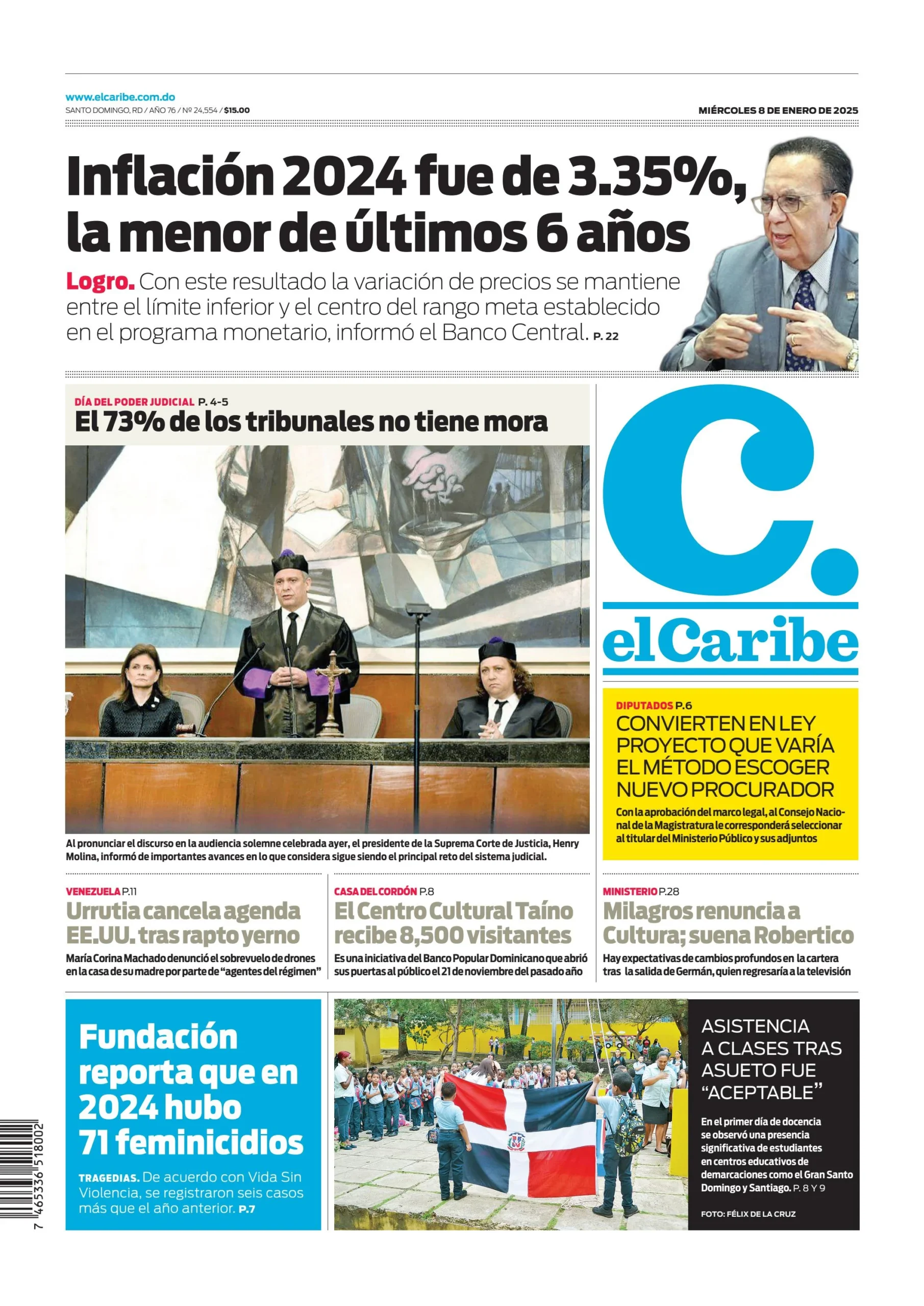 Portada Periódico El Caribe, Miércoles 08 Enero, 2025