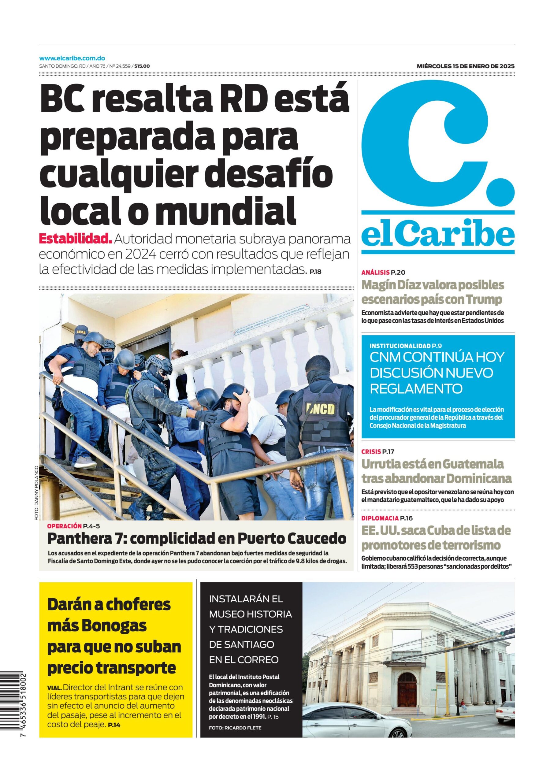 Portada Periódico El Caribe, Miércoles 15 Enero, 2025