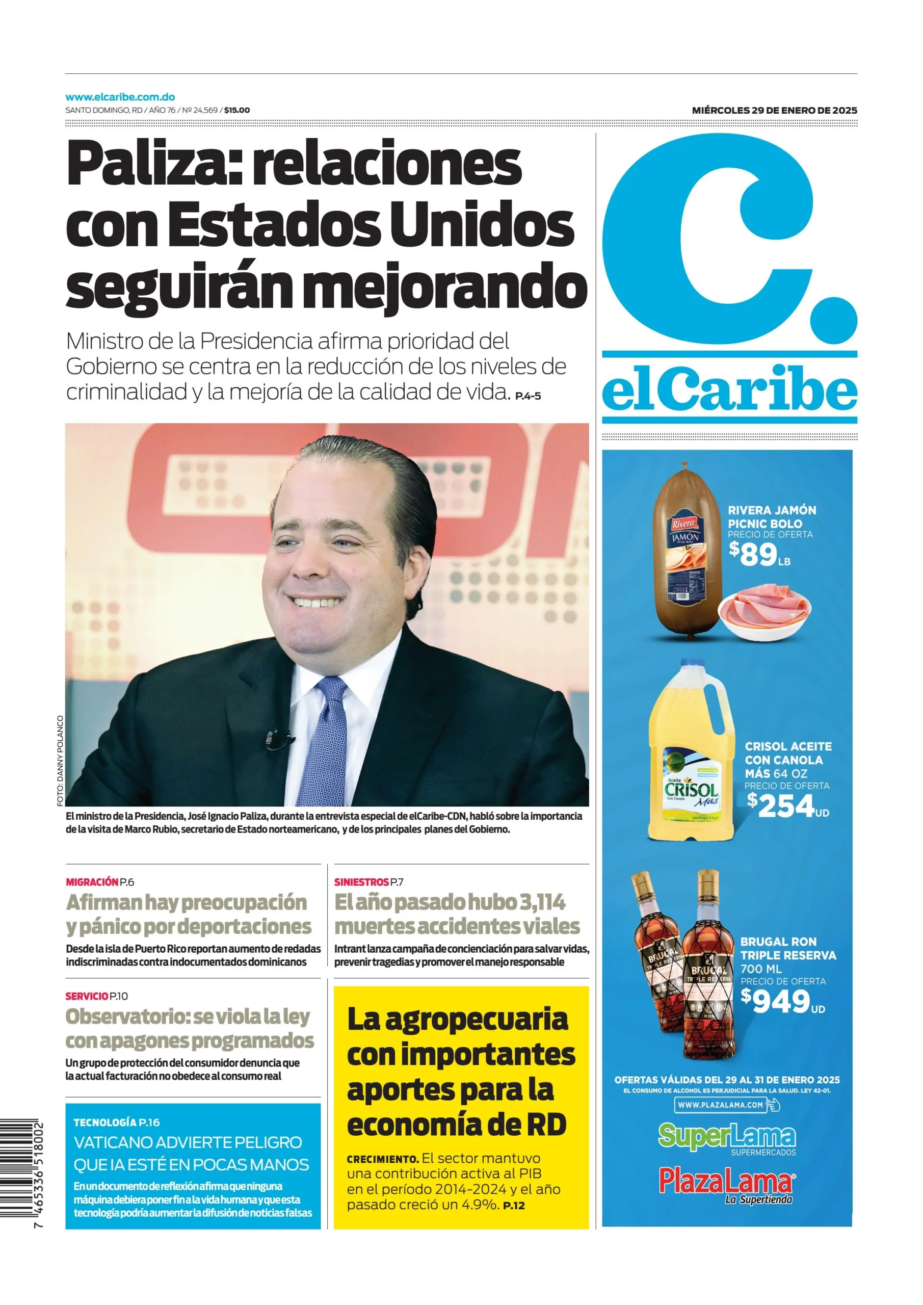 Portada Periódico El Caribe, Miércoles 29 Enero, 2025