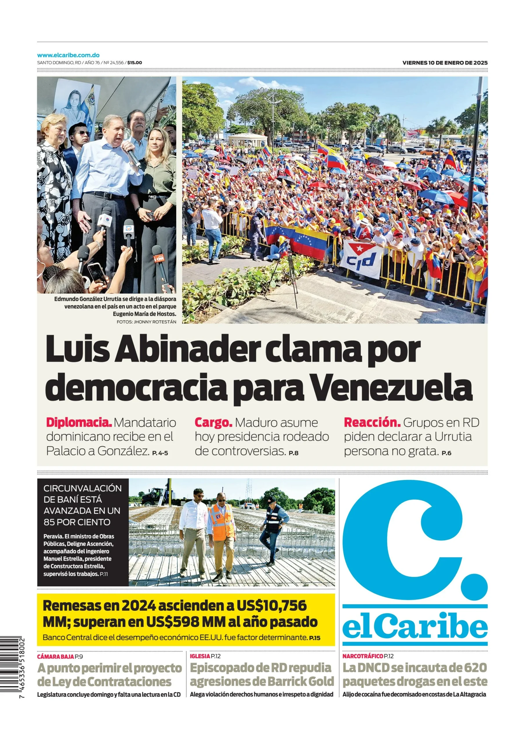 Portada Periódico El Caribe, Viernes 10 Enero, 2025