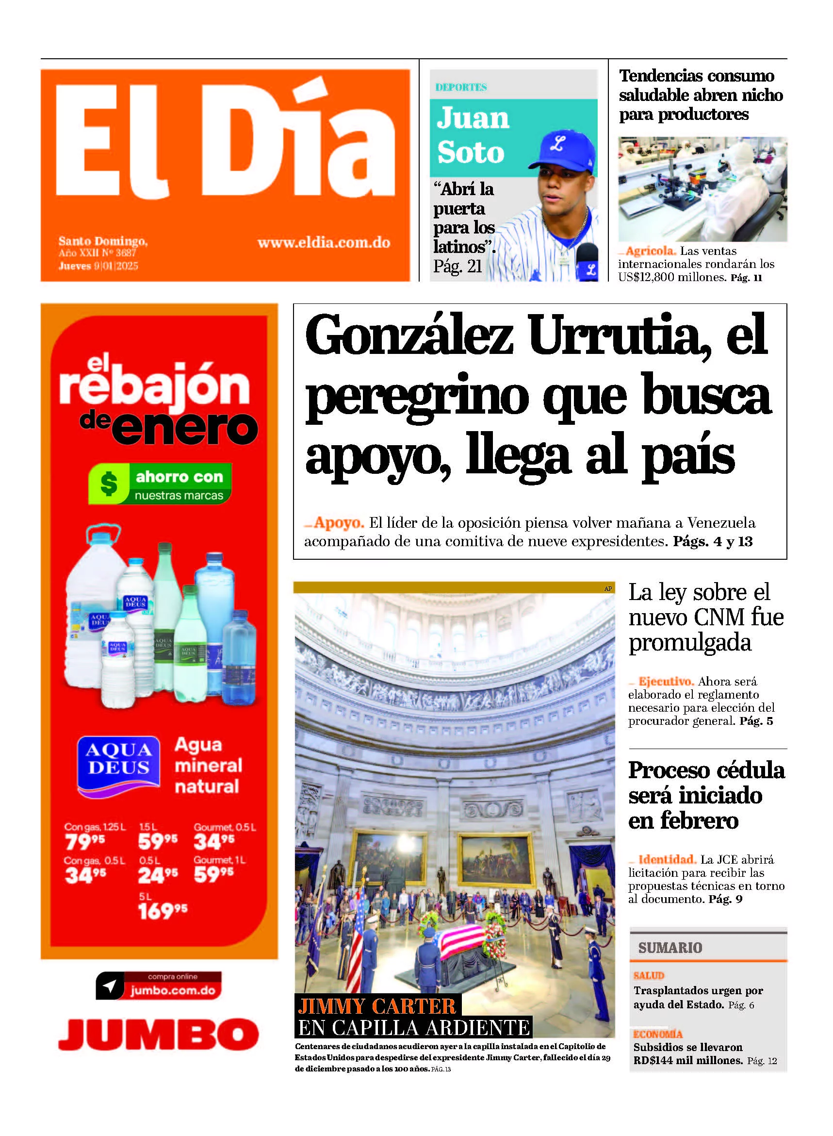 Portada Periódico El Día, Jueves 09 Enero, 2025