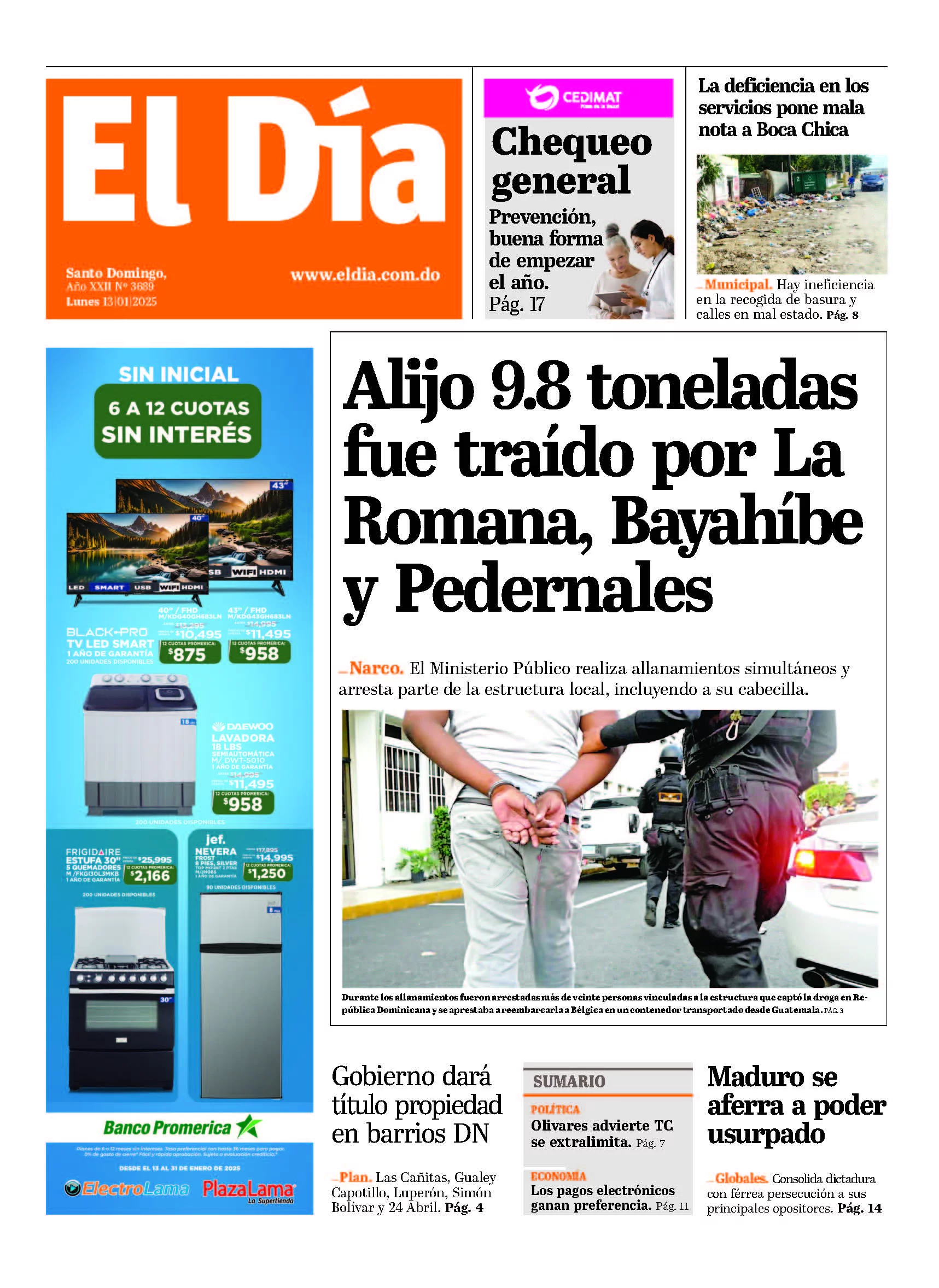 Portada Periódico El Día, Lunes 13 Enero, 2025