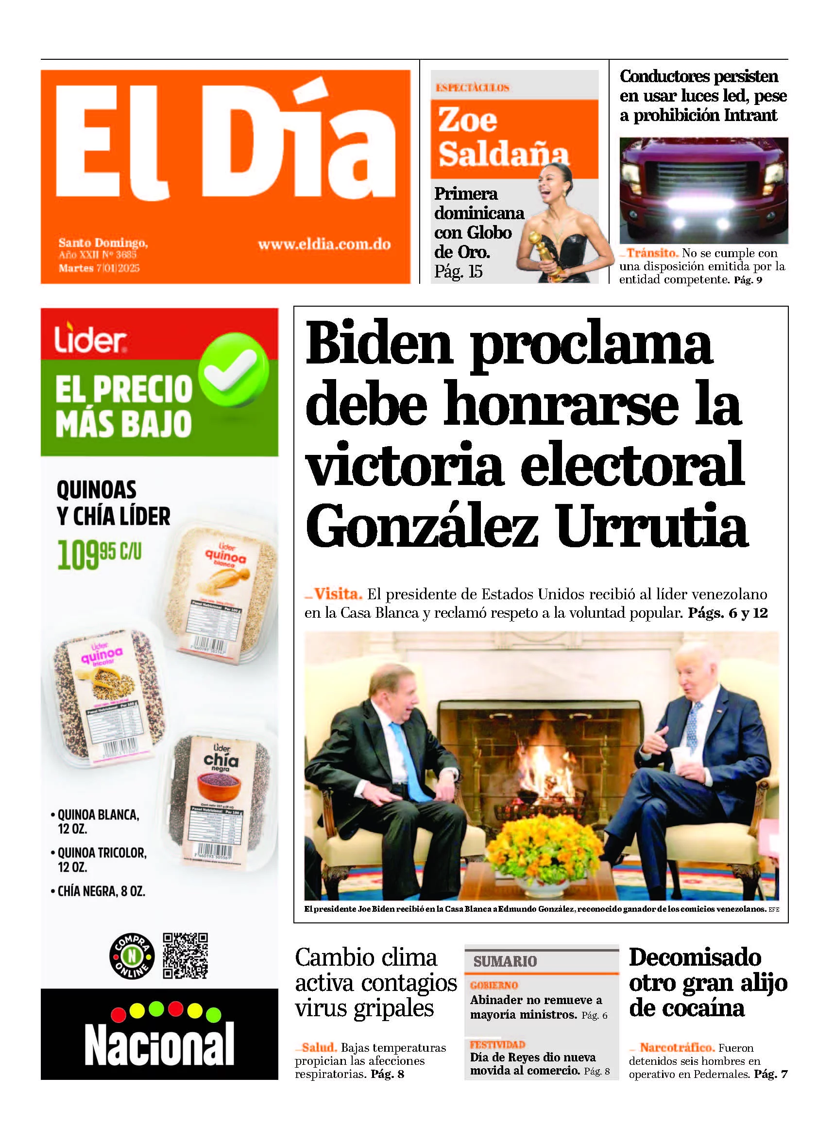 Portada Periódico El Día, Martes 07 Enero, 2025