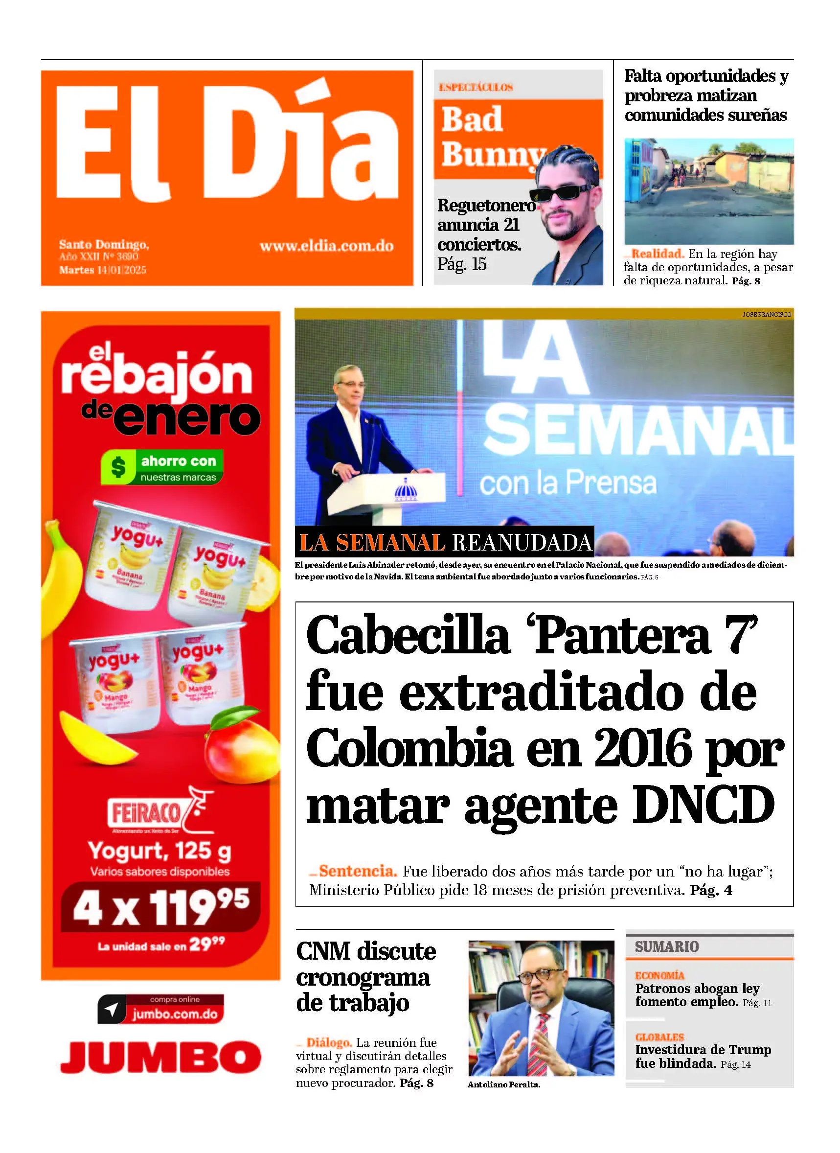 Portada Periódico El Día, Martes 14 Enero, 2025