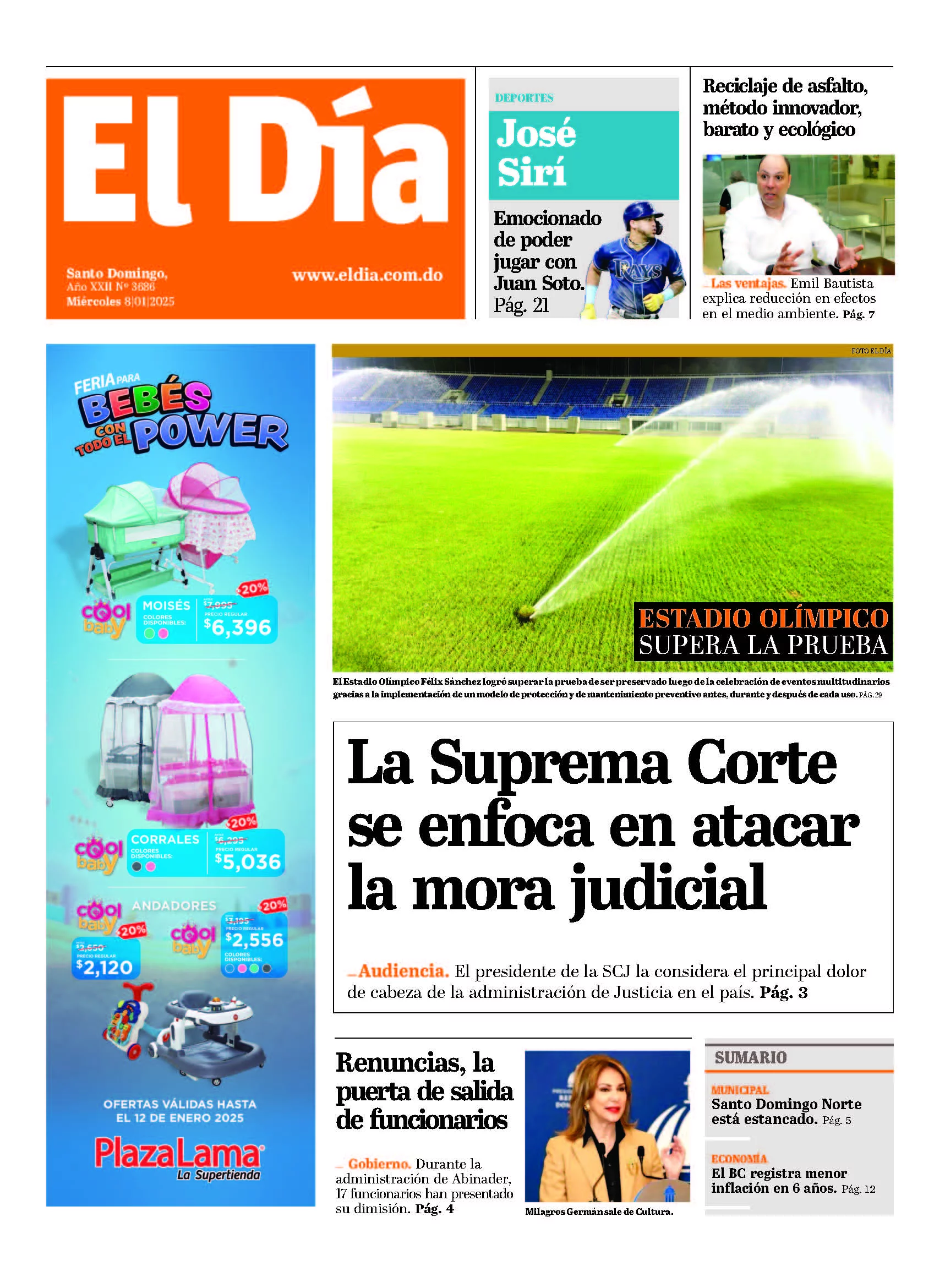 Portada Periódico El Día, Miércoles 08 Enero, 2025