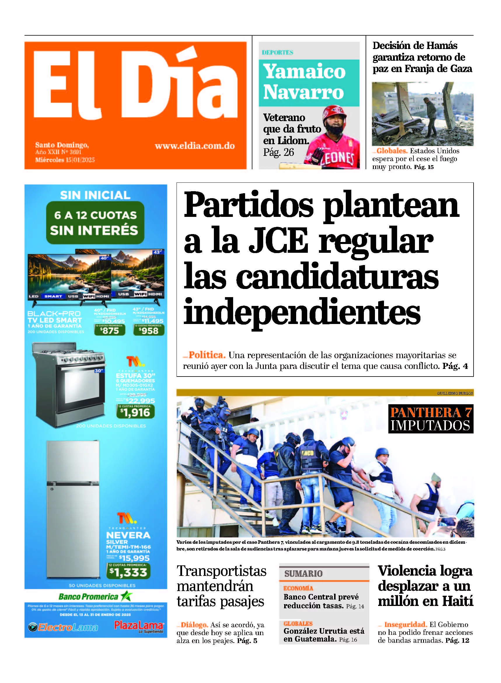 Portada Periódico El Día, Miércoles 15 Enero, 2025