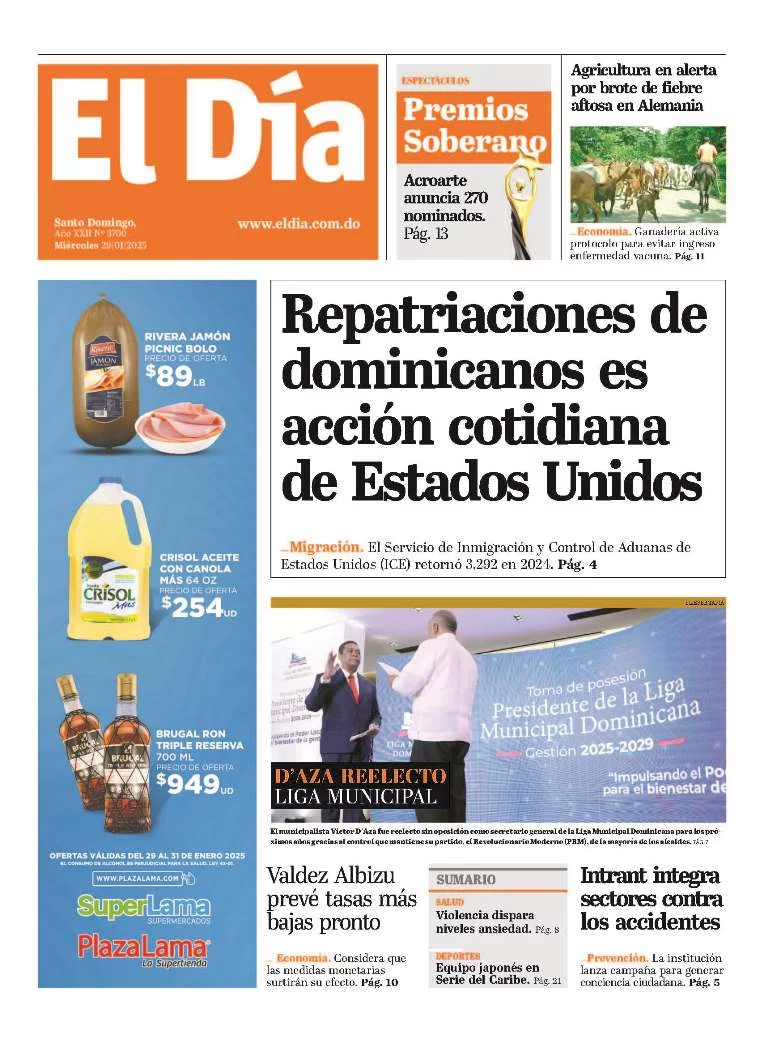 Portada Periódico El Día, Miércoles 29 Enero, 2025