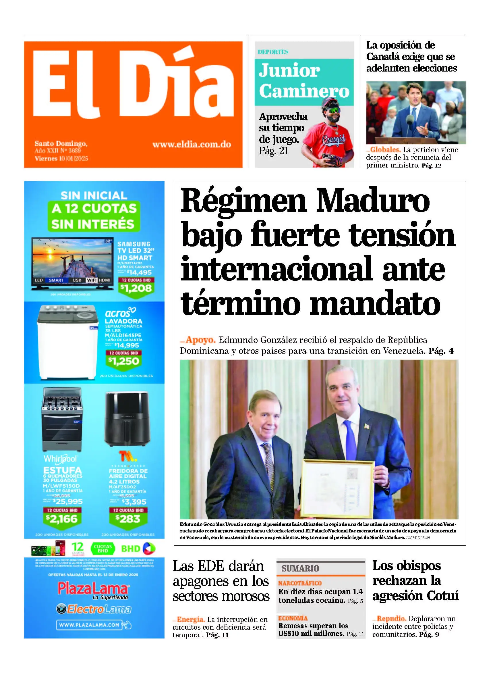 Portada Periódico El Día, Viernes 10 Enero, 2025