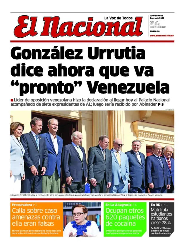 Portada Periódico El Nacional, Jueves 09 Enero, 2025