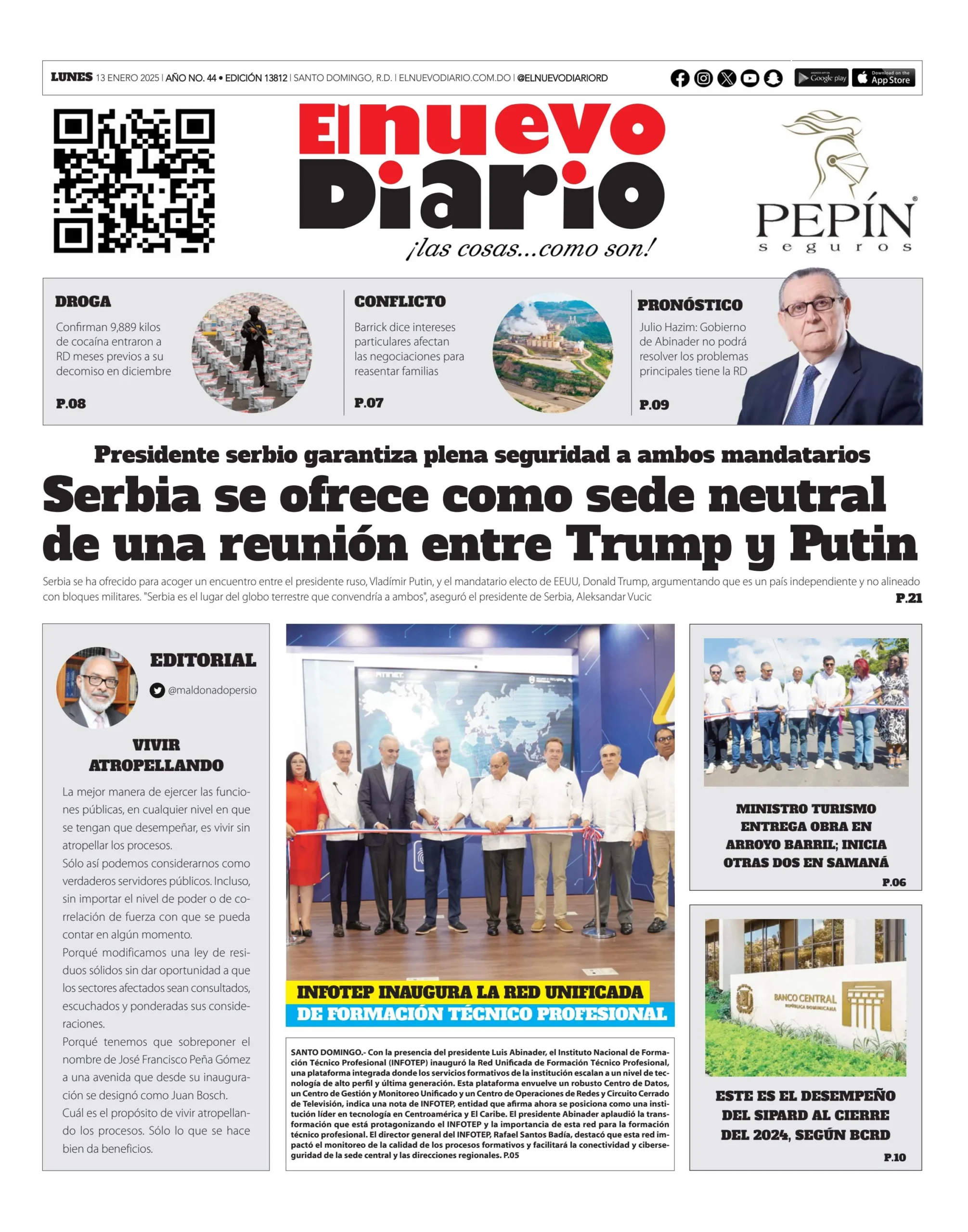 Portada Periódico El Nuevo Diario, Lunes 13 Enero, 2025