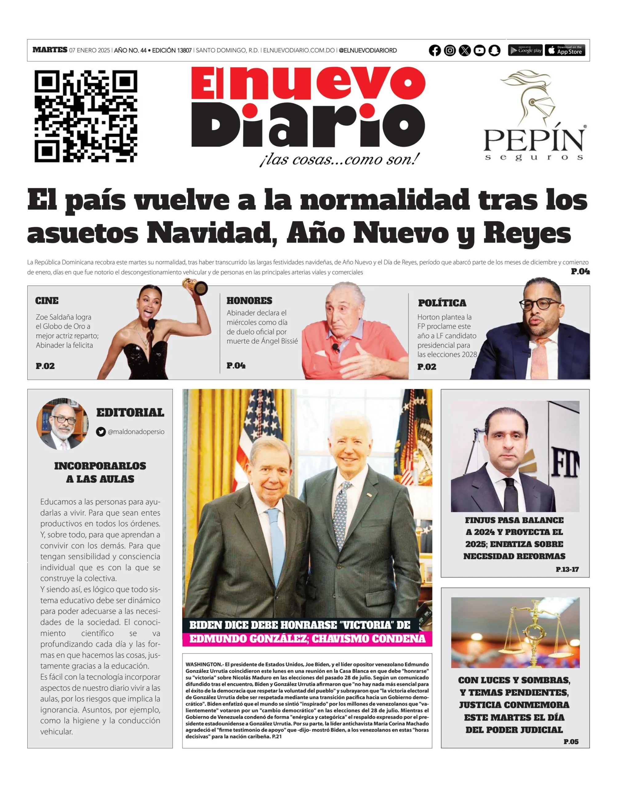 Portada Periódico El Nuevo Diario, Martes 07 Enero, 2025