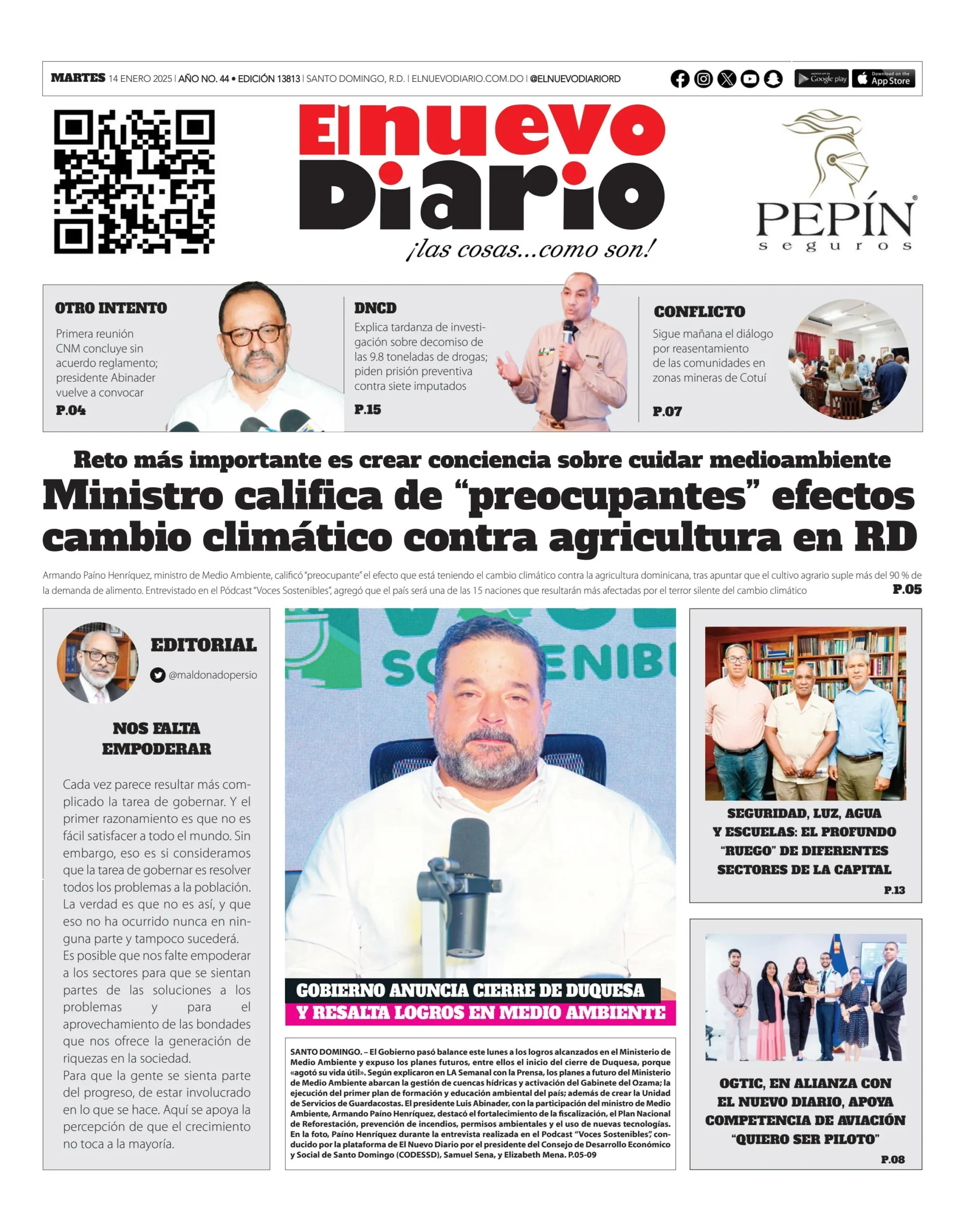 Portada Periódico El Nuevo Diario, Martes 14 Enero, 2025