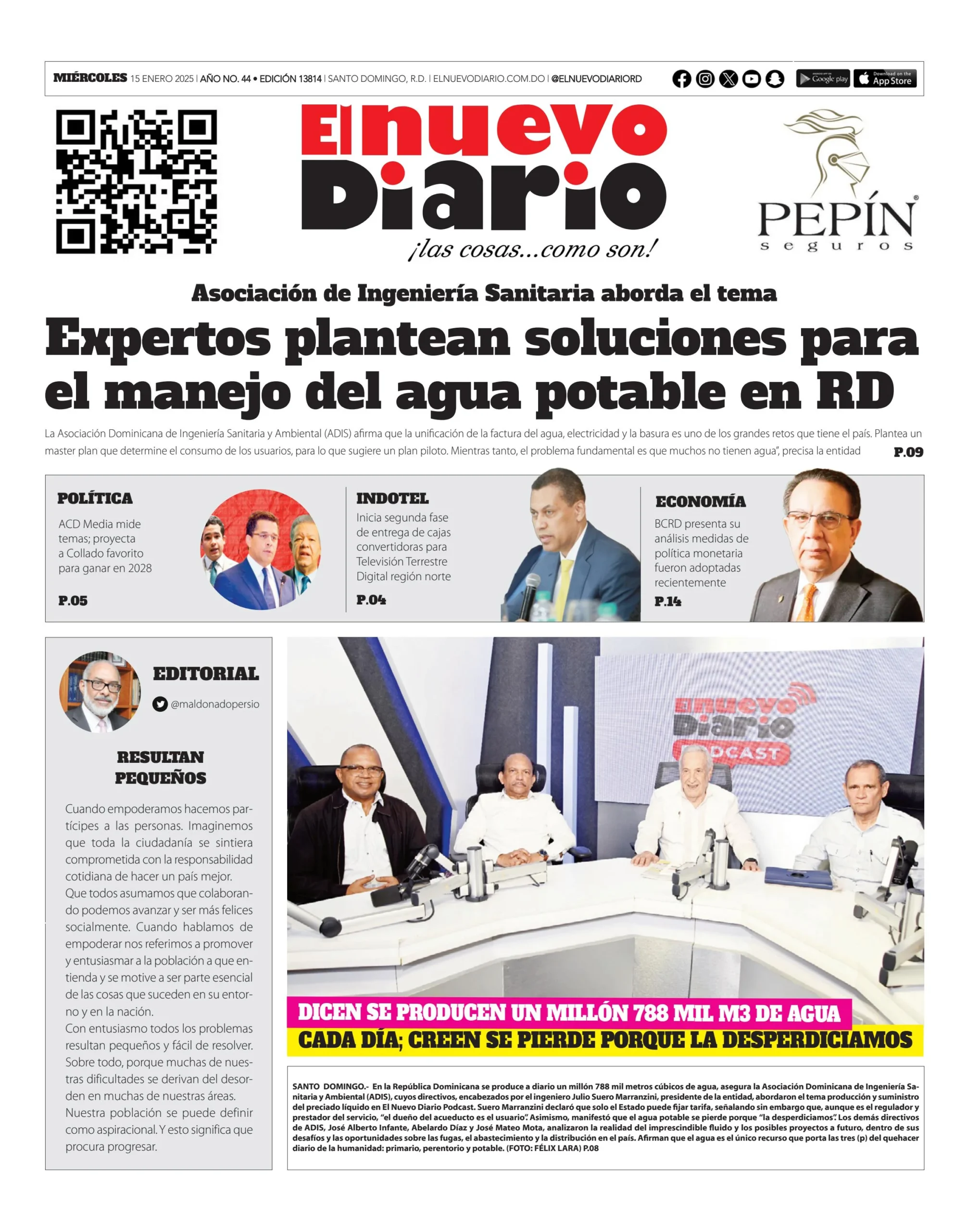 Portada Periódico El Nuevo Diario, Miércoles 15 Enero, 2025