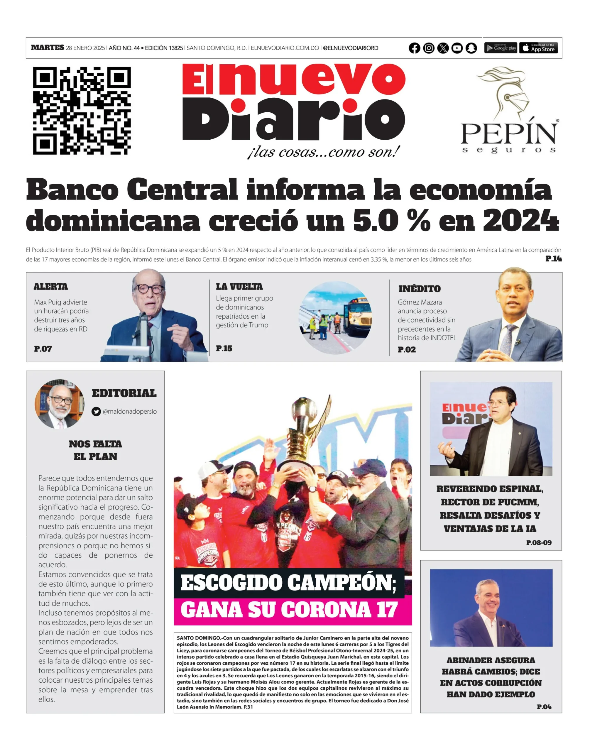 Portada Periódico El Nuevo Diario, Miércoles 29 Enero, 2025