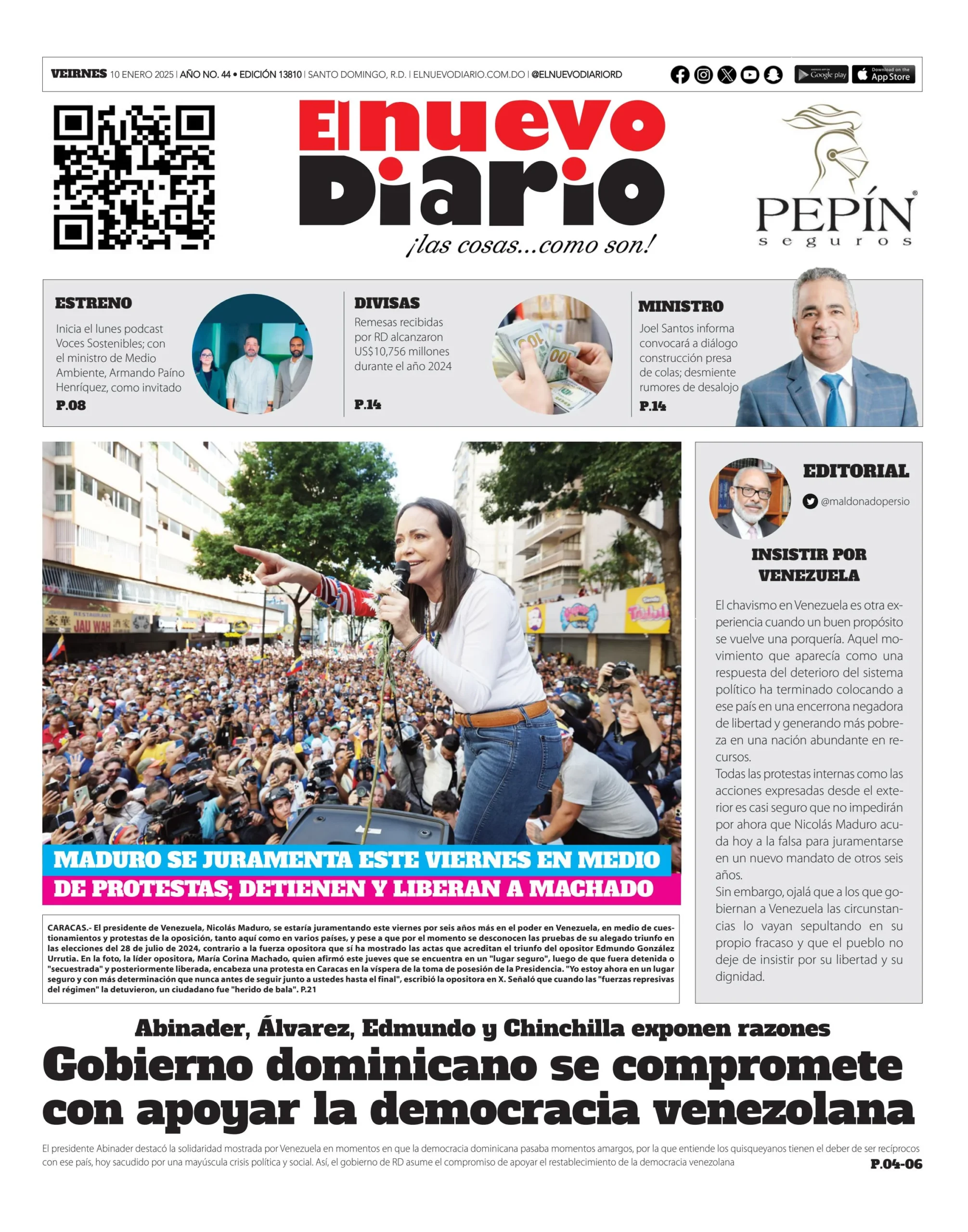 Portada Periódico El Nuevo Diario, Viernes 10 Enero, 2025