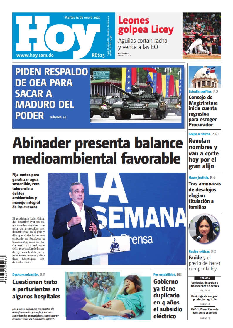 Portada Periódico Hoy, Martes 14 Enero, 2025