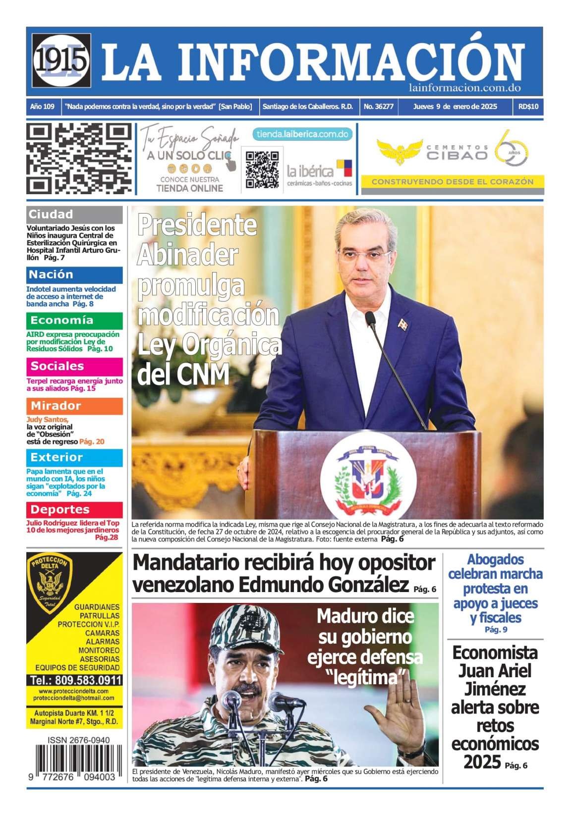 Portada Periódico La Información, Jueves 09 Enero, 2025