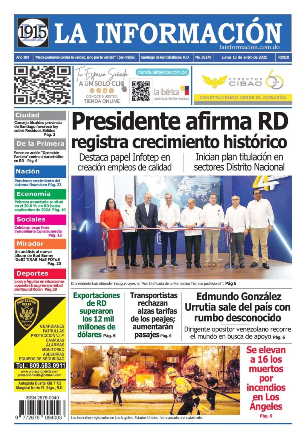 Portada Periódico La Información, Lunes 13 Enero, 2025 - Dominicana.do