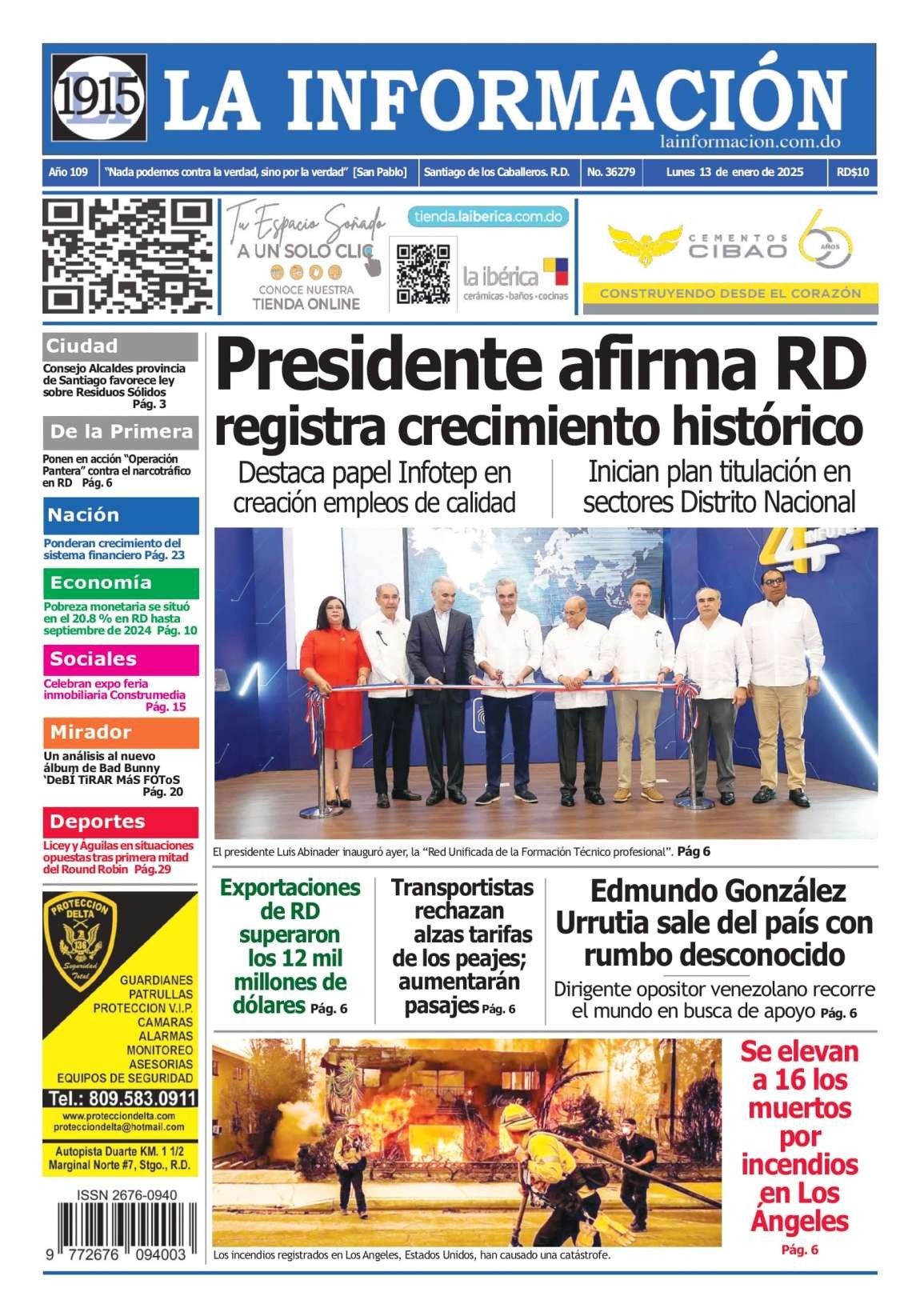 Portada Periódico La Información, Lunes 13 Enero, 2025