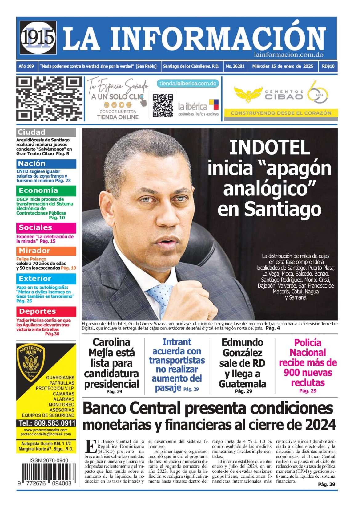 Portada Periódico La Información, Miércoles 15 Enero, 2025