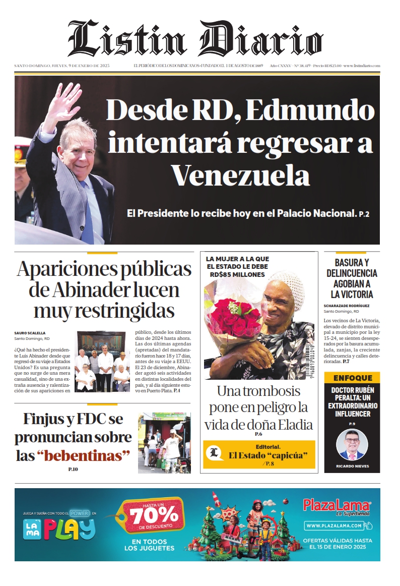 Portada Periódico Listín Diario, Jueves 09 Enero, 2025