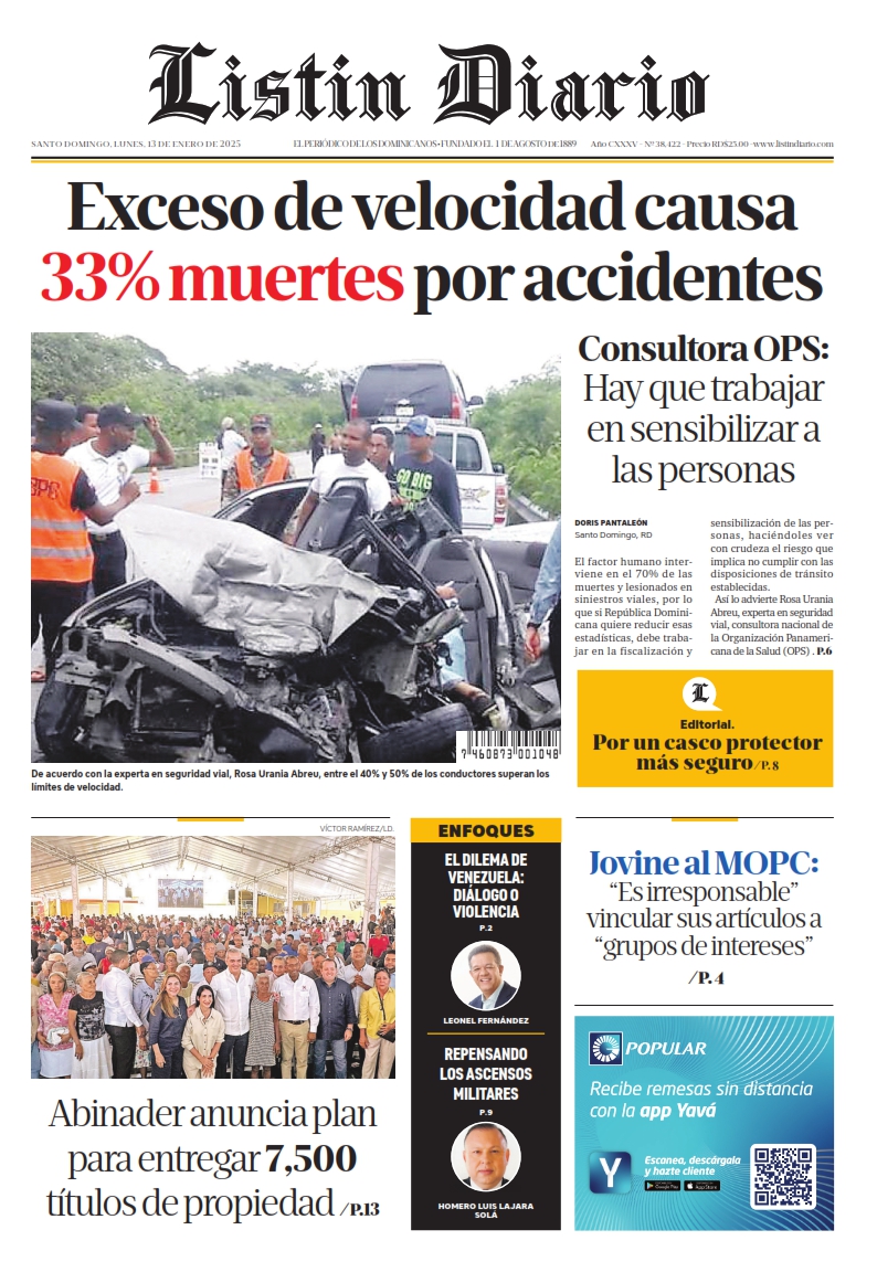 Portada Periódico Listín Diario, Lunes 13 Enero, 2025