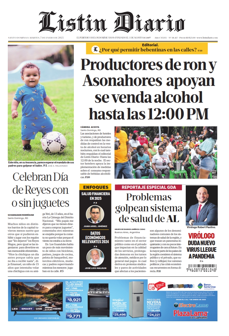 Portada Periódico Listín Diario, Martes 07 Enero, 2025