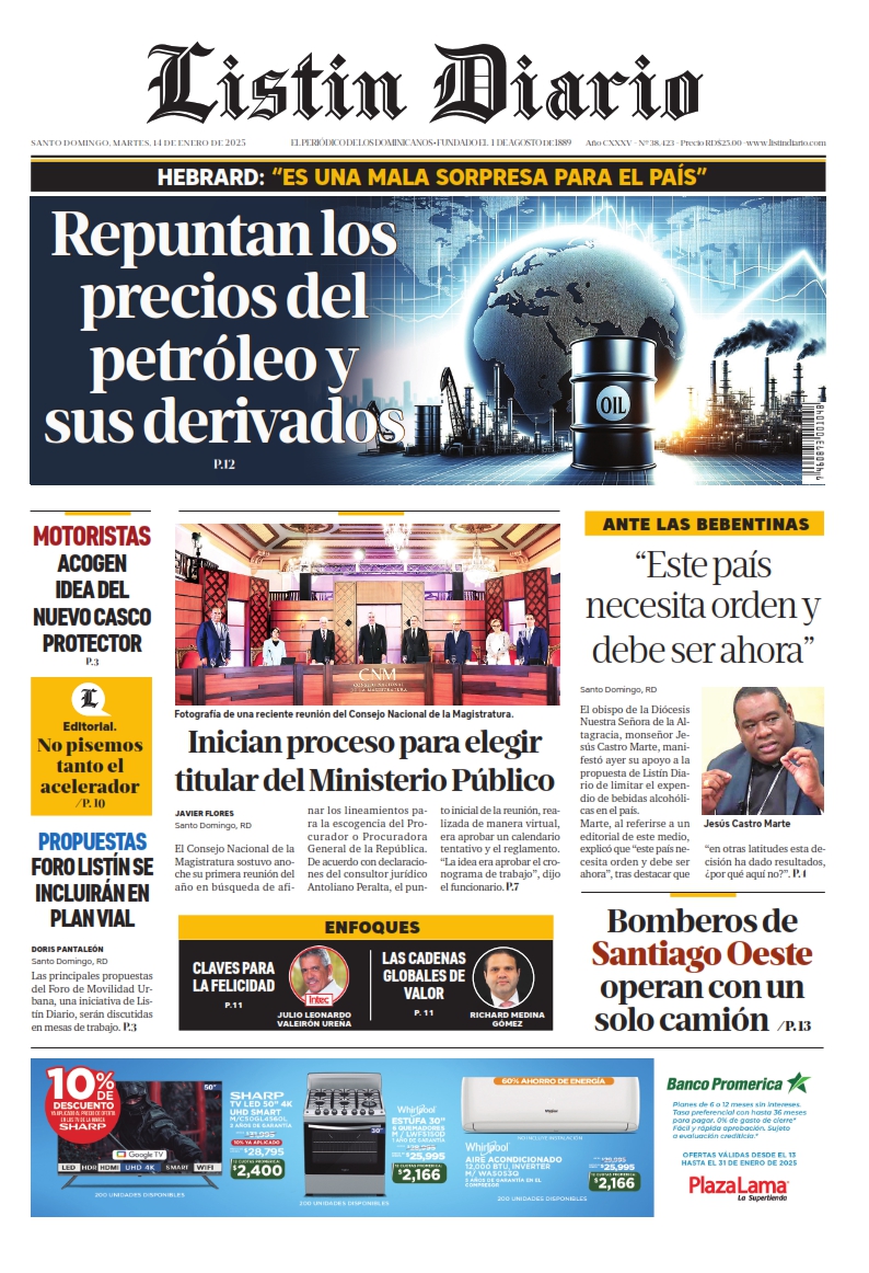 Portada Periódico Listín Diario, Martes 14 Enero, 2025