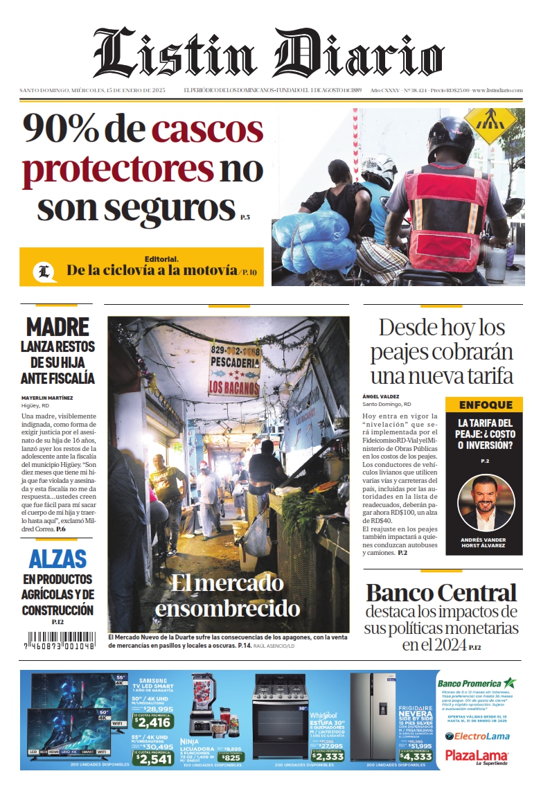 Portada Periódico Listín Diario, Miércoles 15 Enero, 2025