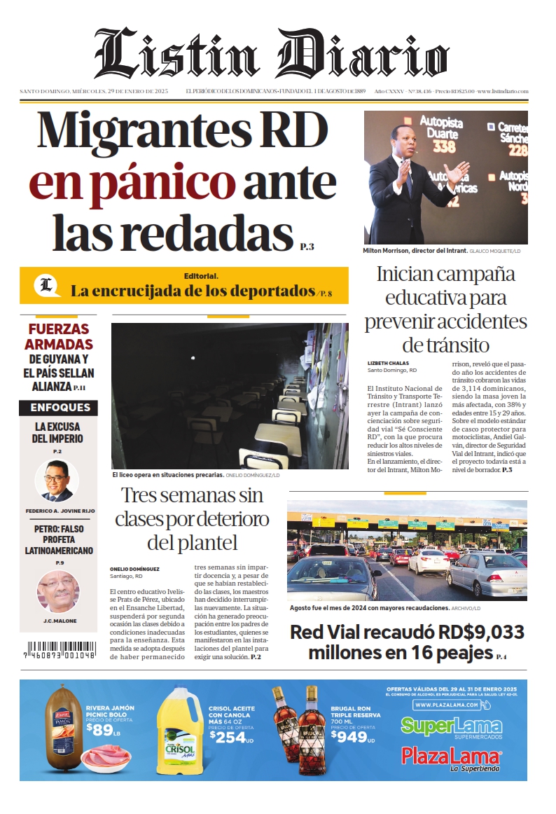 Portada Periódico Listín Diario, Miércoles 29 Enero, 2025