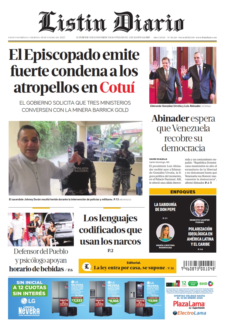 Portada Periódico Listín Diario, Viernes 10 Enero, 2025