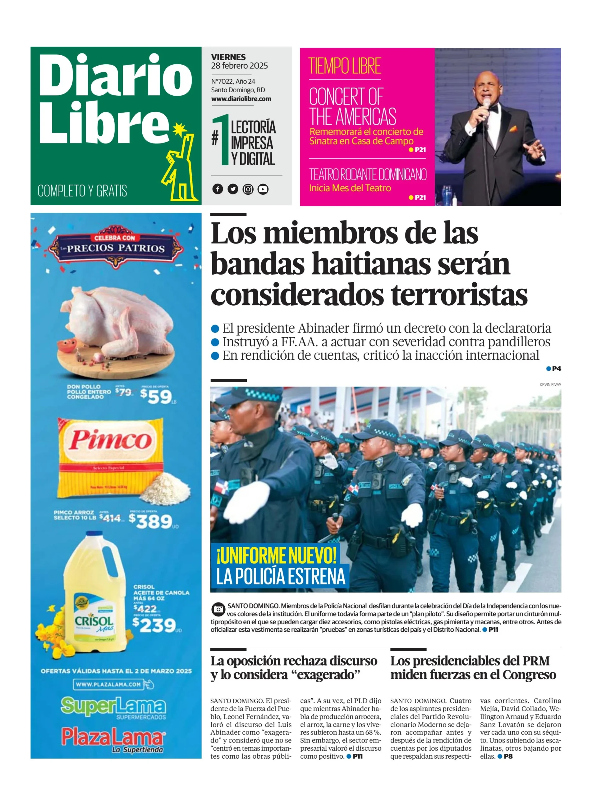 Portada Periódico Diario Libre, Viernes 28 Febrero, 2025