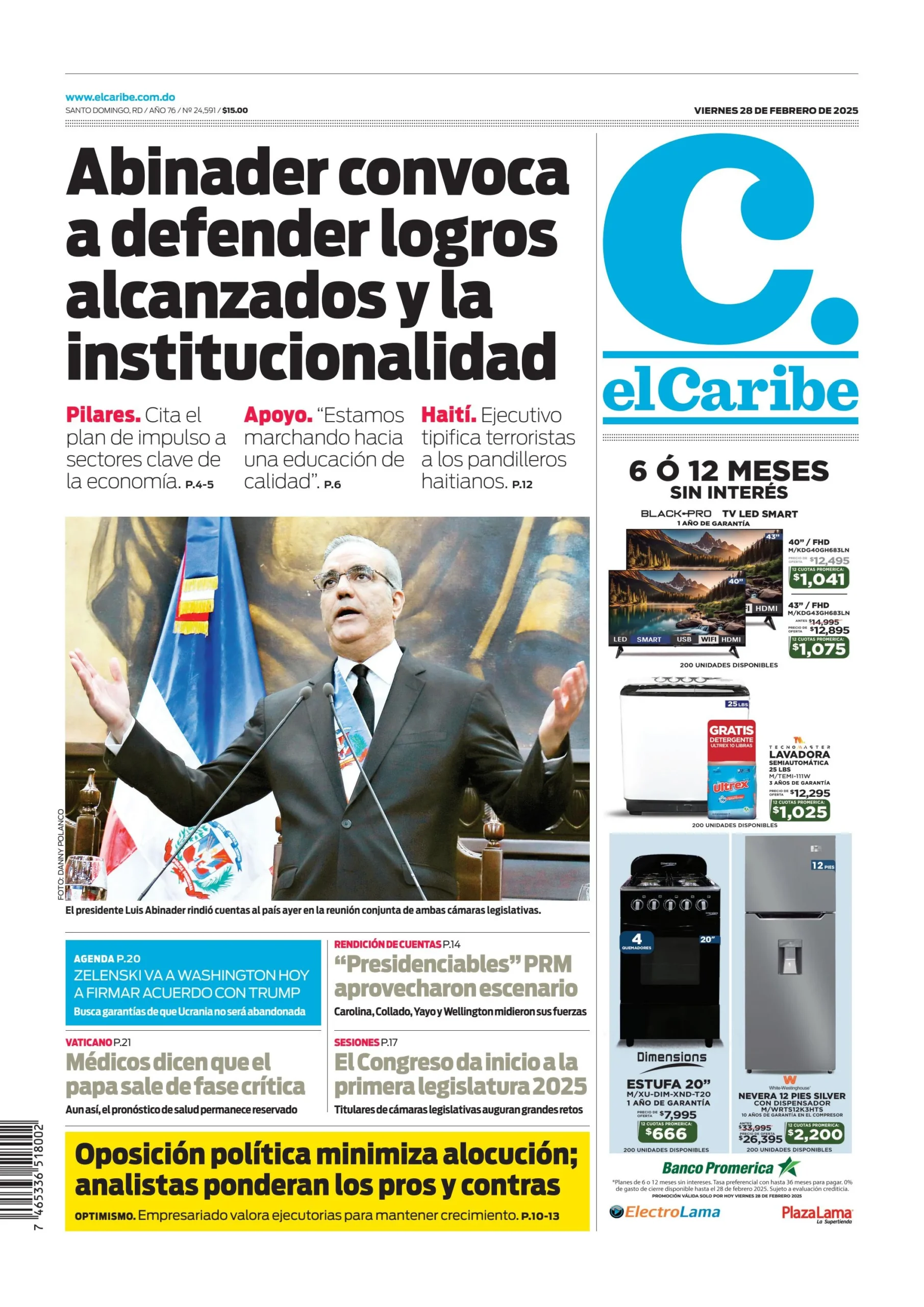 Portada Periódico El Caribe, Viernes 28 Febrero, 2025