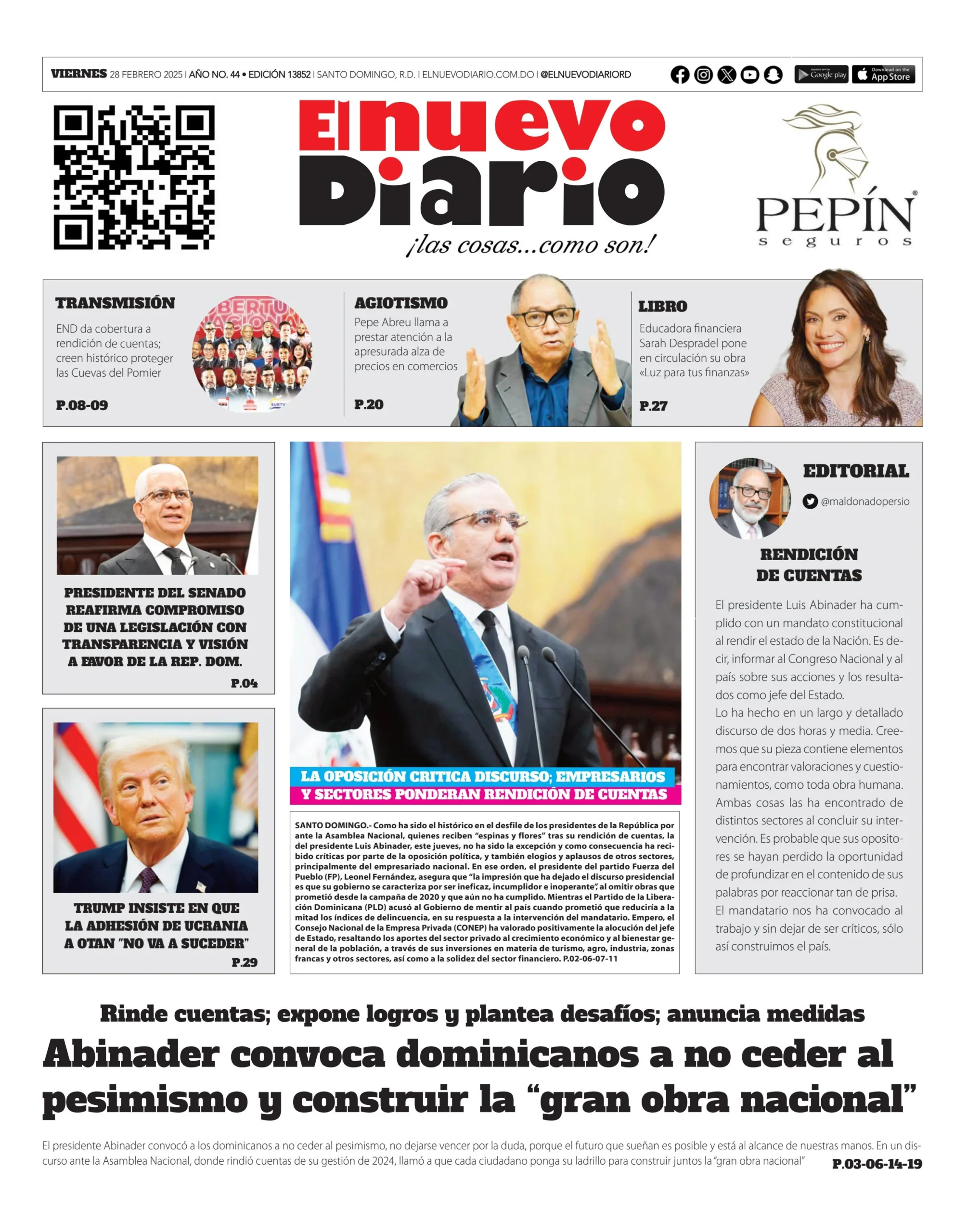 Portada Periódico El Nuevo Diario, Viernes 28 Febrero, 2025