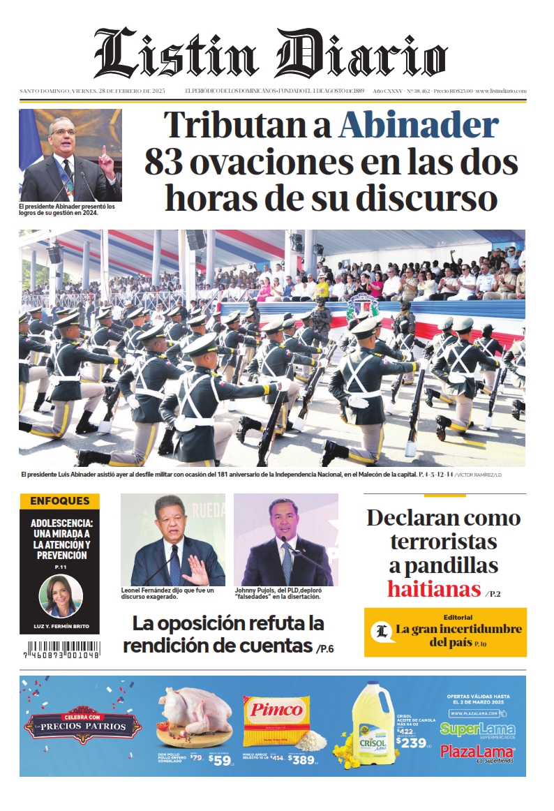 Portada Periódico Listín Diario, Viernes 28 Febrero, 2025