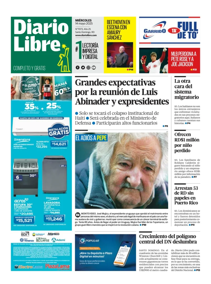 Portada Periódico Diario Libre, Miércoles 14 Mayo, 2025