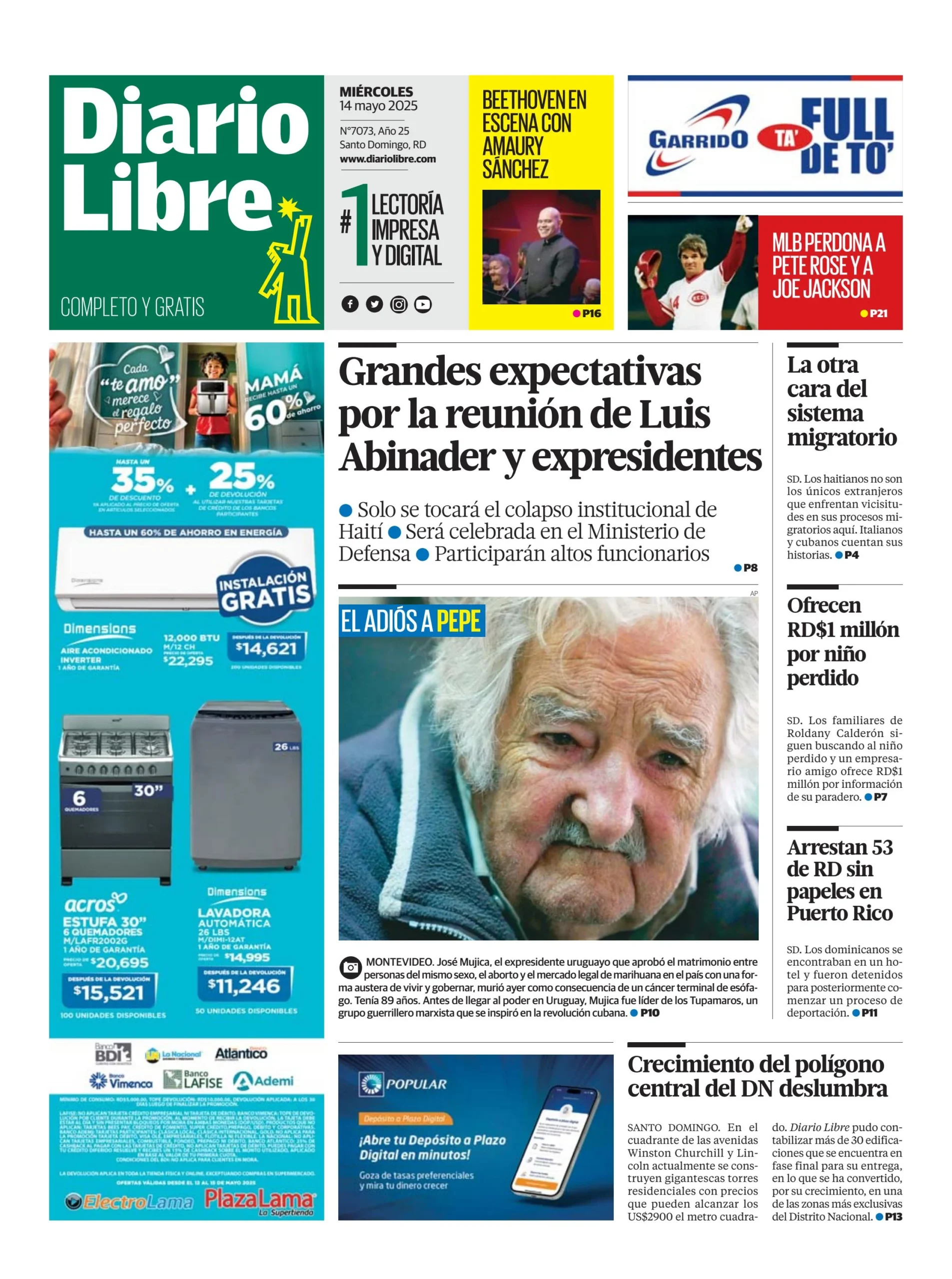 Portada Periódico Diario Libre, Miércoles 14 Mayo, 2025 Portada Periódico Diario Libre, Miércoles 14 Mayo, 2025
