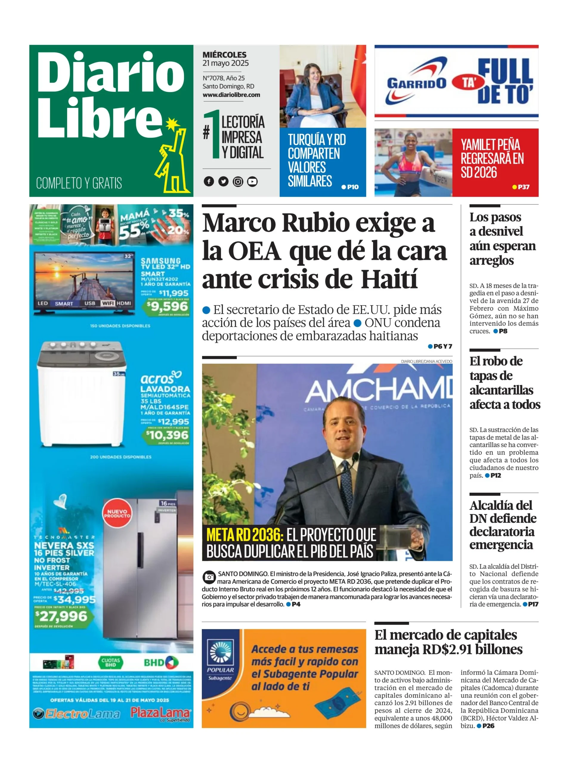 Portada Periódico Diario Libre, Miércoles 21 Mayo, 2025 Portada Periódico Diario Libre, Miércoles 21 Mayo, 2025