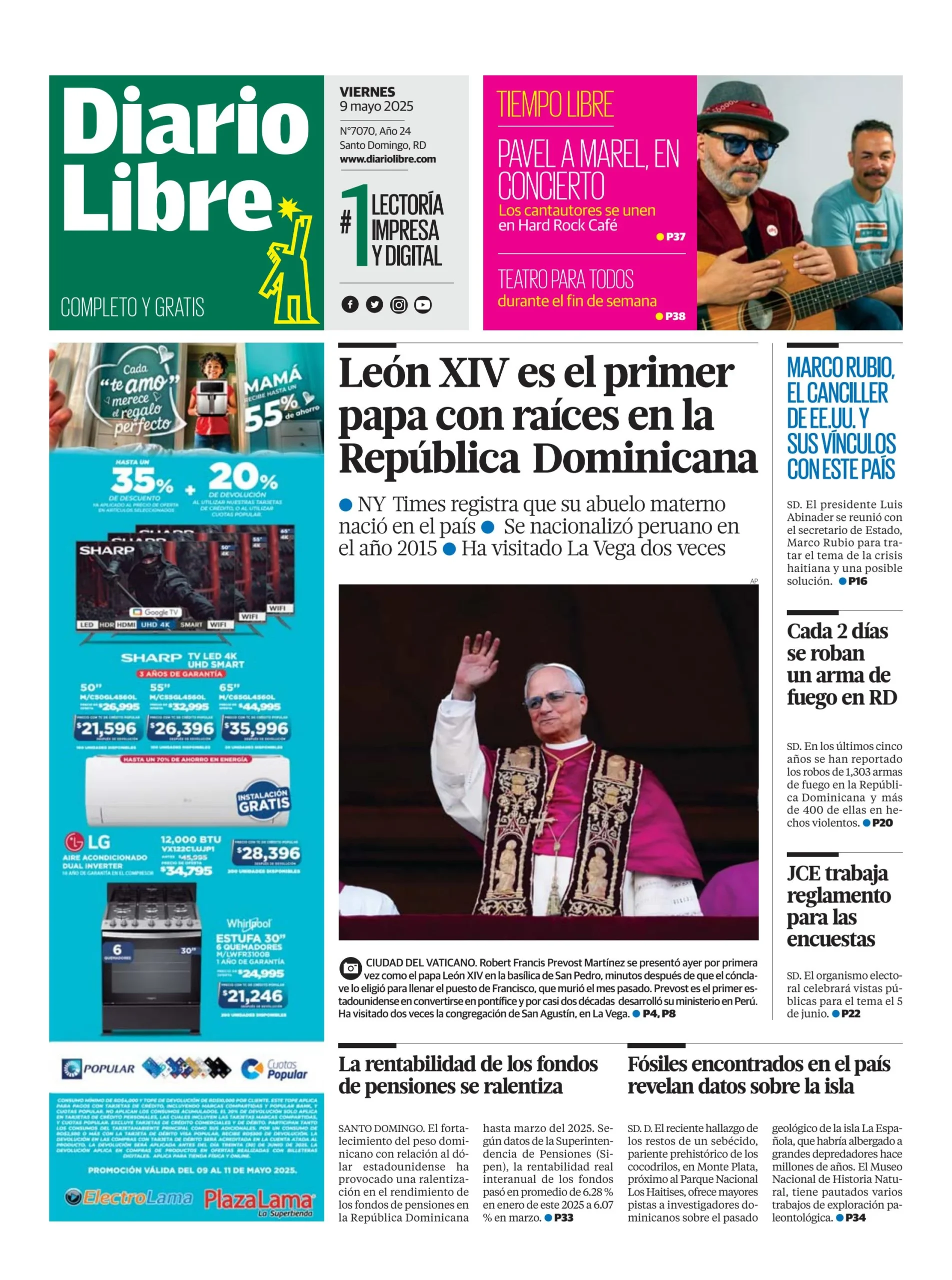 Portada Periódico Diario Libre, Viernes 09 Mayo, 2025