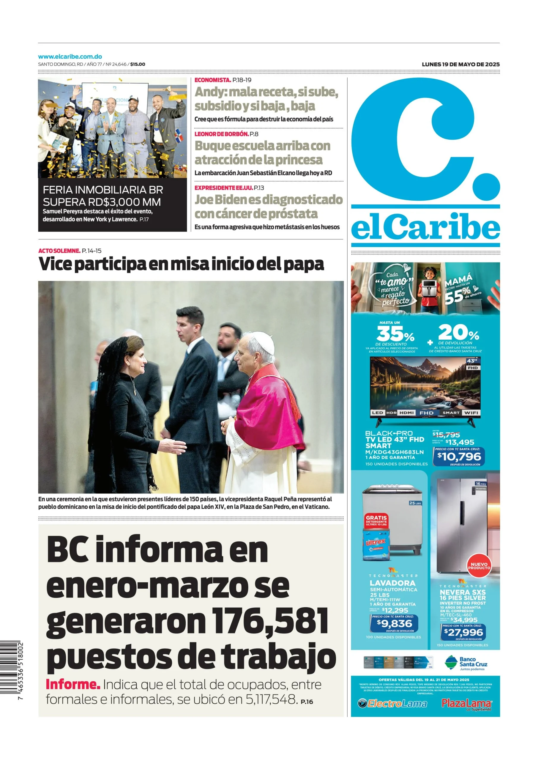 Portada Periódico El Caribe, Lunes 19 Mayo, 2025 Portada Periódico El Caribe, Lunes 19 Mayo, 2025