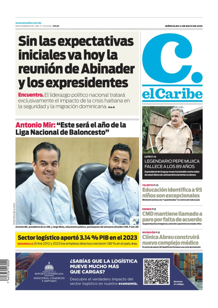 Portada Periódico El Caribe, Miércoles 14 Mayo, 2025