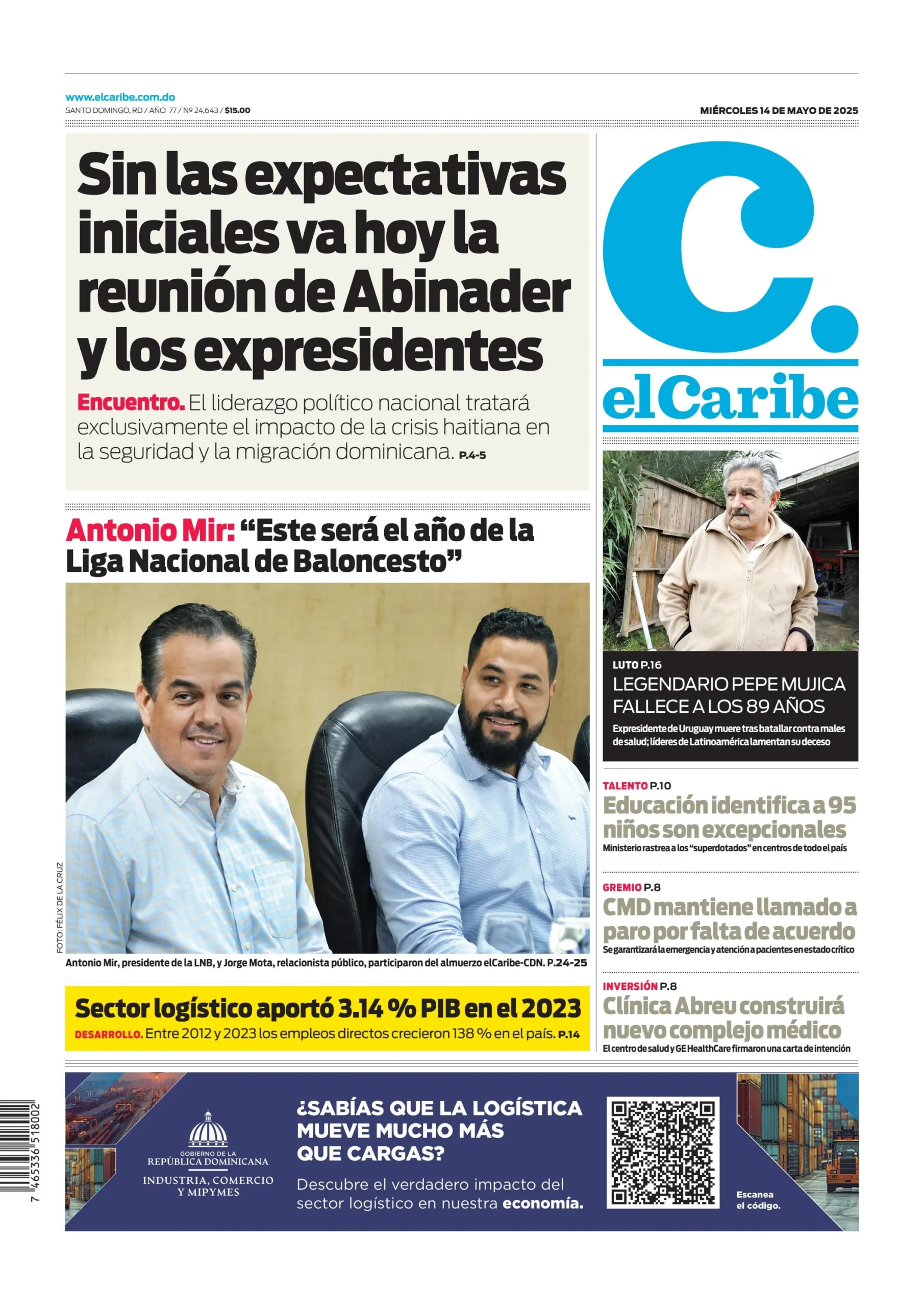Portada Periódico El Caribe, Miércoles 14 Mayo, 2025 Portada Periódico El Caribe, Miércoles 14 Mayo, 2025
