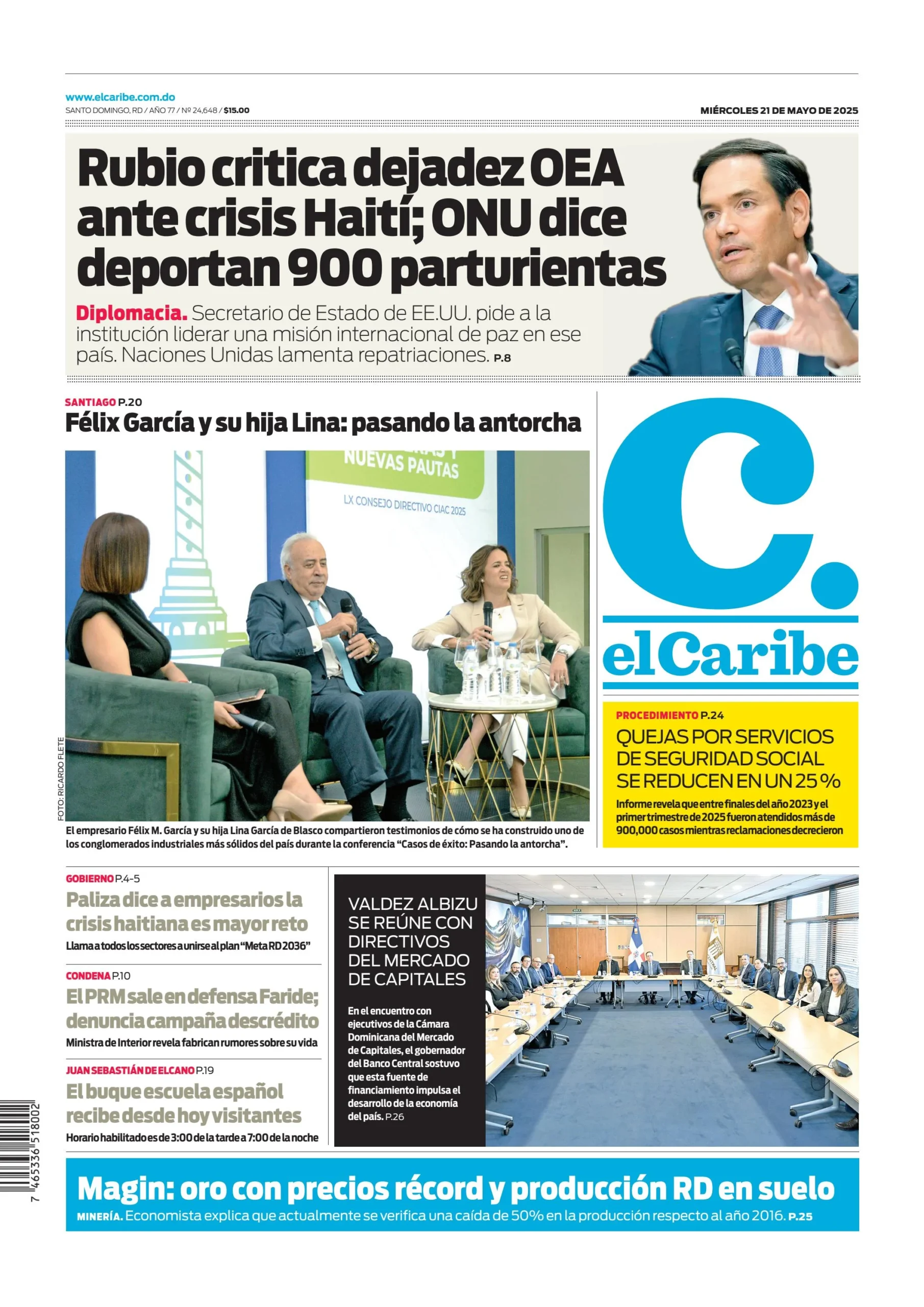 Portada Periódico El Caribe, Miércoles 21 Mayo, 2025 Portada Periódico El Caribe, Miércoles 21 Mayo, 2025