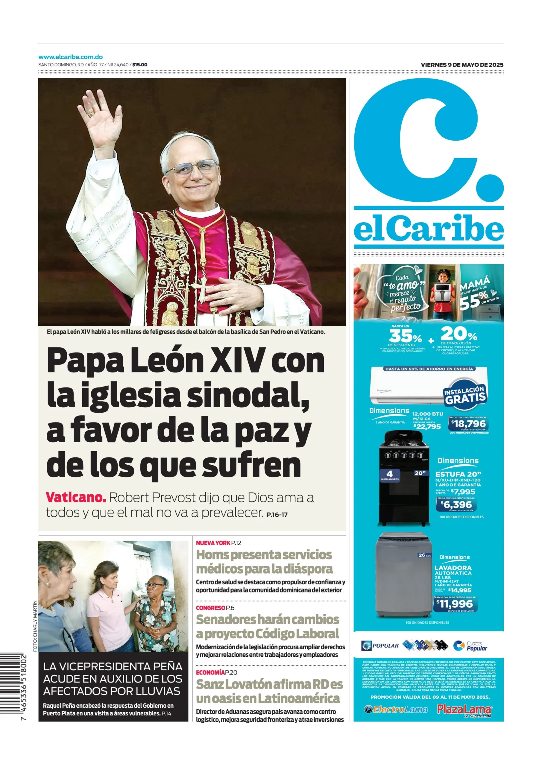 Portada Periódico El Caribe, Viernes 09 Mayo, 2025