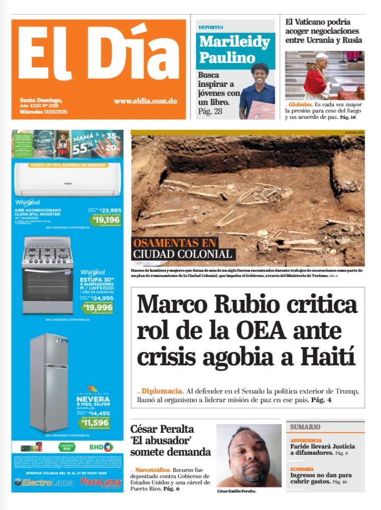 Portada Periódico El Día, Miércoles 21 Mayo, 2025 Portada Periódico El Día, Miércoles 21 Mayo, 2025