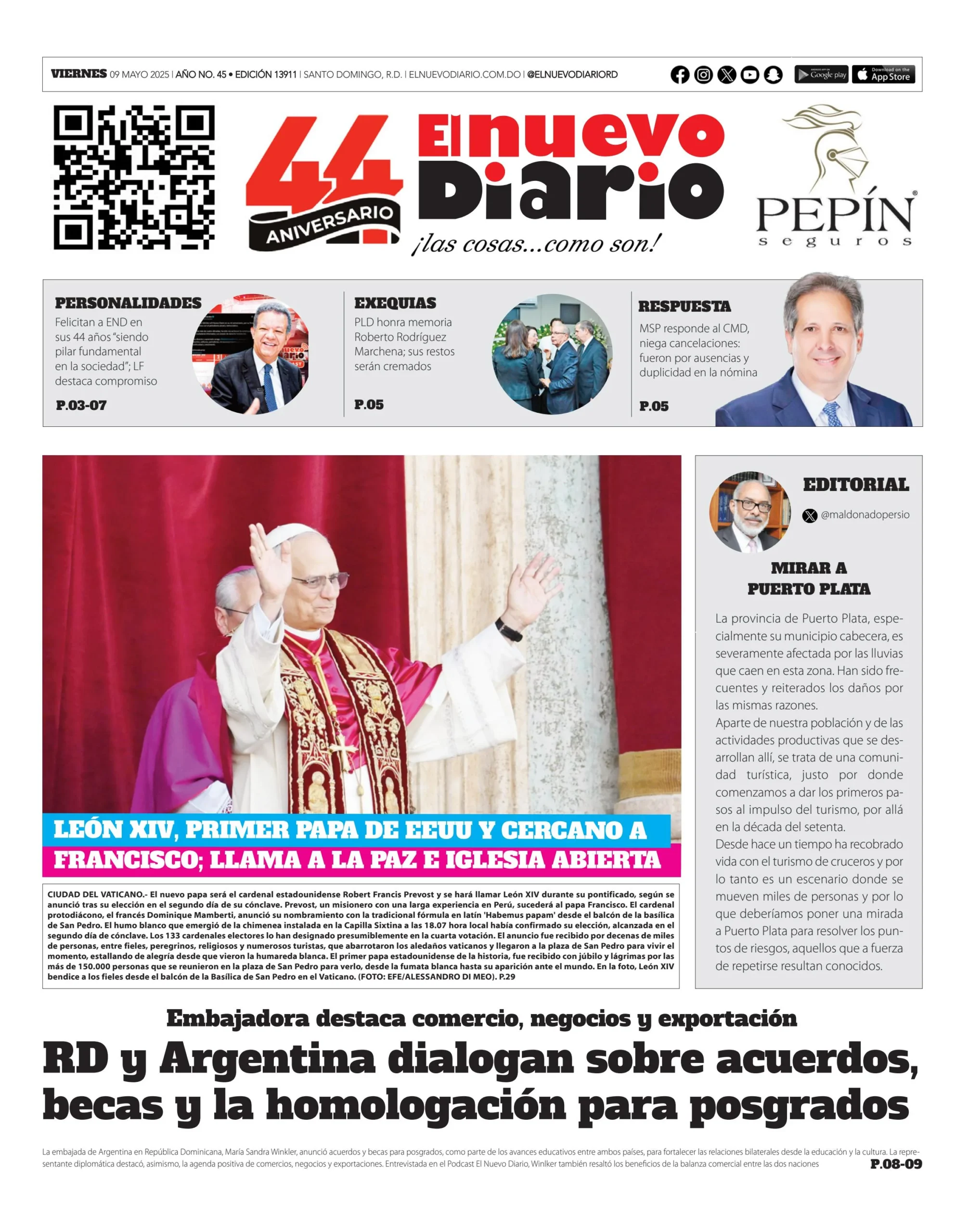 Portada Periódico El Nuevo Diario, Viernes 09 Mayo, 2025