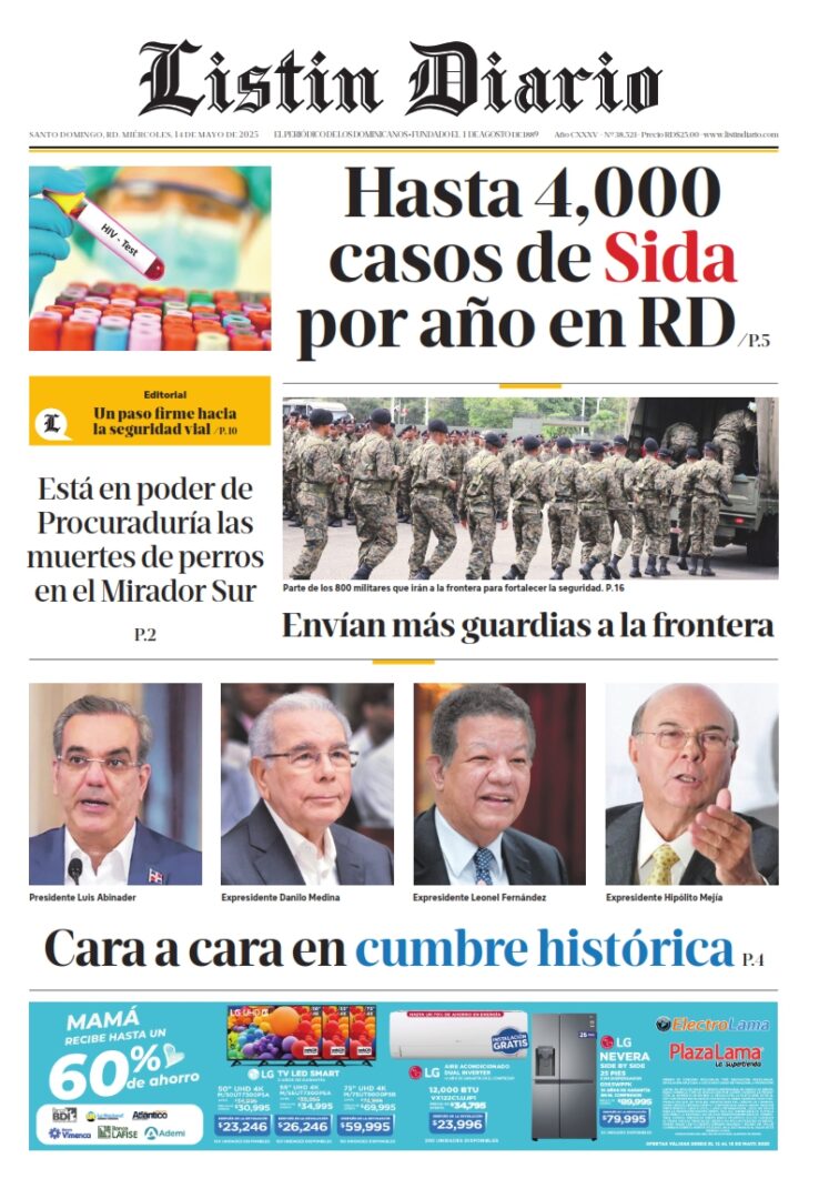 Portada Periódico Listín Diario, Miércoles 14 Mayo, 2025