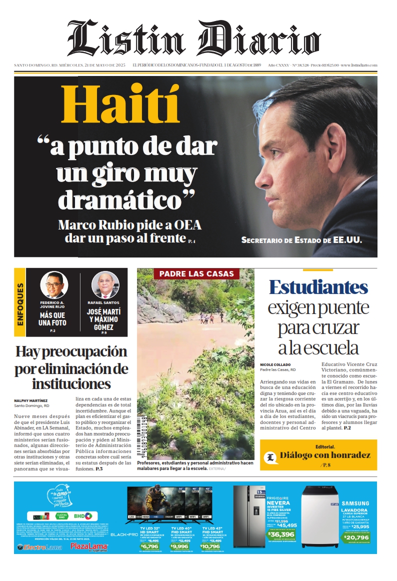 Portada Periódico Listín Diario, Miércoles 21 Mayo, 2025 Portada Periódico Listín Diario, Miércoles 21 Mayo, 2025