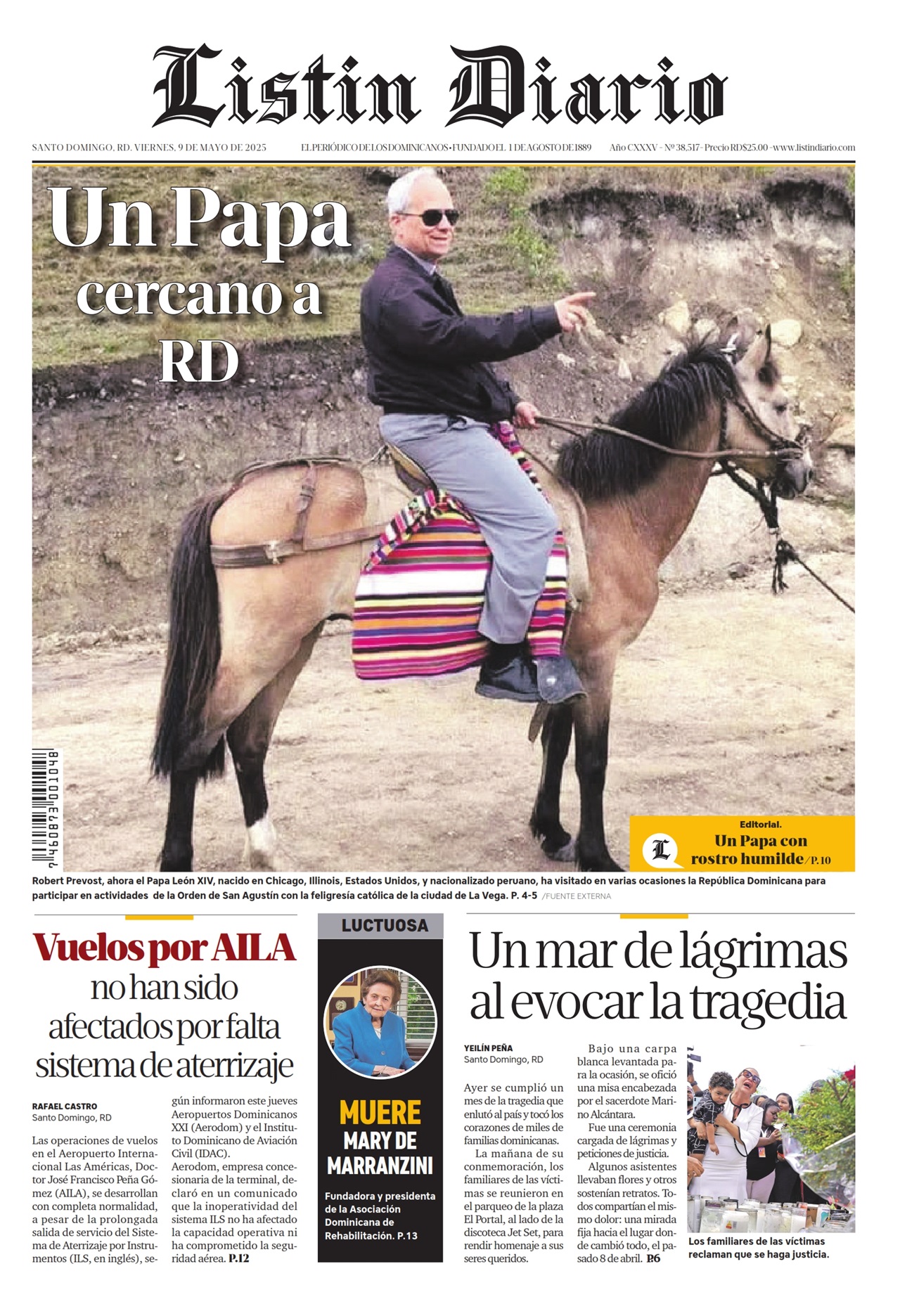 Portada Periódico Listín Diario, Viernes 09 Mayo, 2025