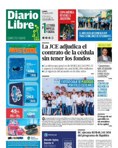Portada Periódico Diario Libre, Lunes 25, Agosto, 2025